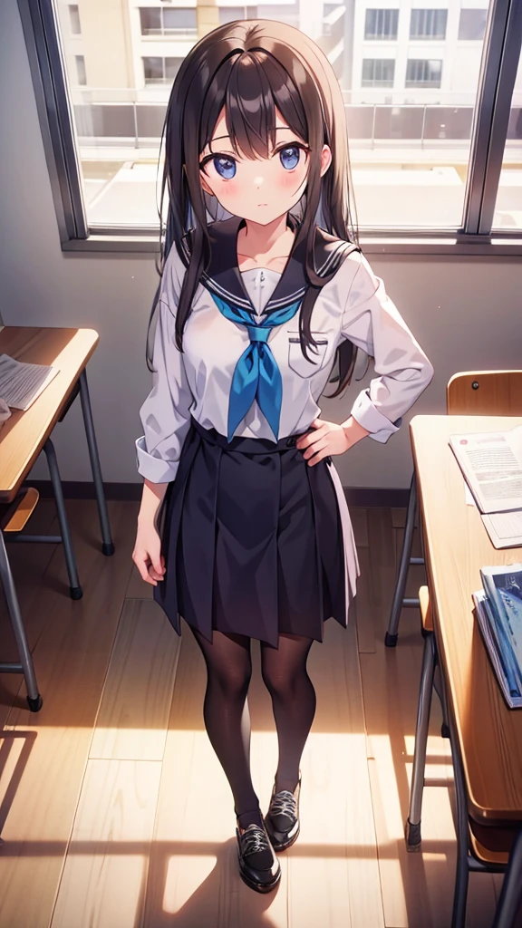 standing in a classroom with one&#39;s arms folded behind one&#39;s back、A twin-tailed anime girl wearing a blazer uniform, white crew socks and black loafers