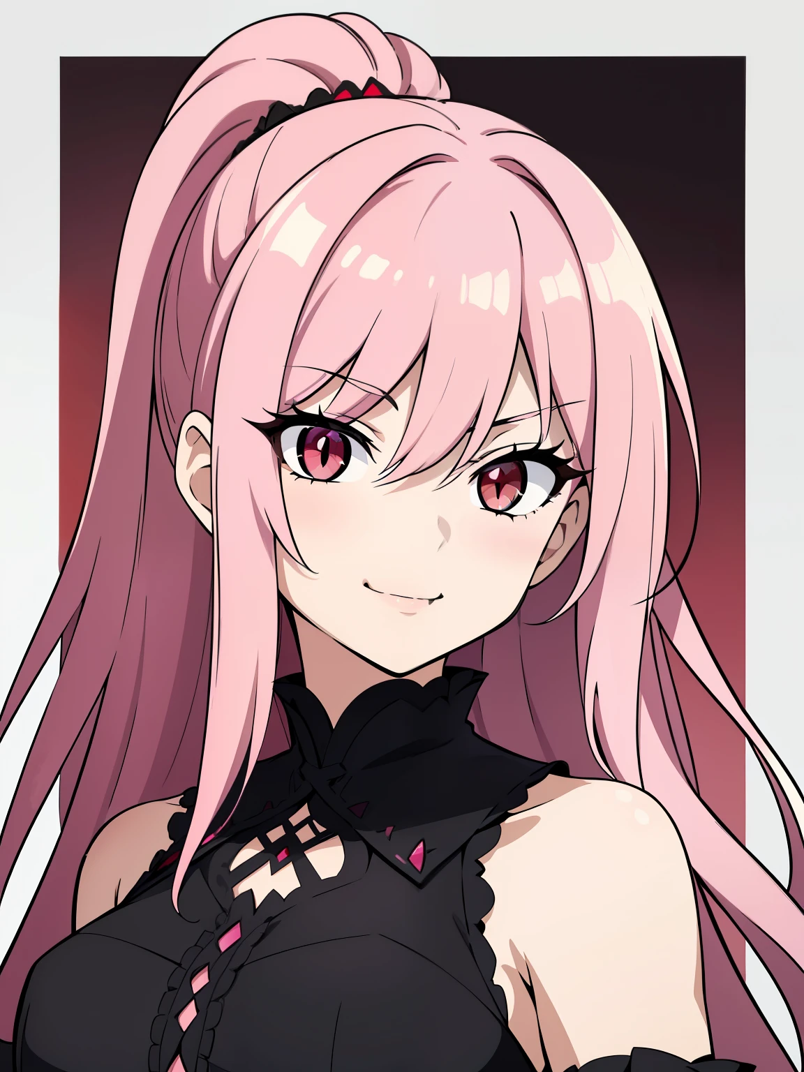 (high-quality, breathtaking),(expressive eyes, perfect face) 1girl, female, solo, portrait, Symmetrical Eyes, long hair, pink hair color, blood red eyes, ponytail, black gothic dress, bare shoulders, sleeves, vampire, mature, regal, seductive, adult, age 40's, cute smile, neutral expression, slit pupils
