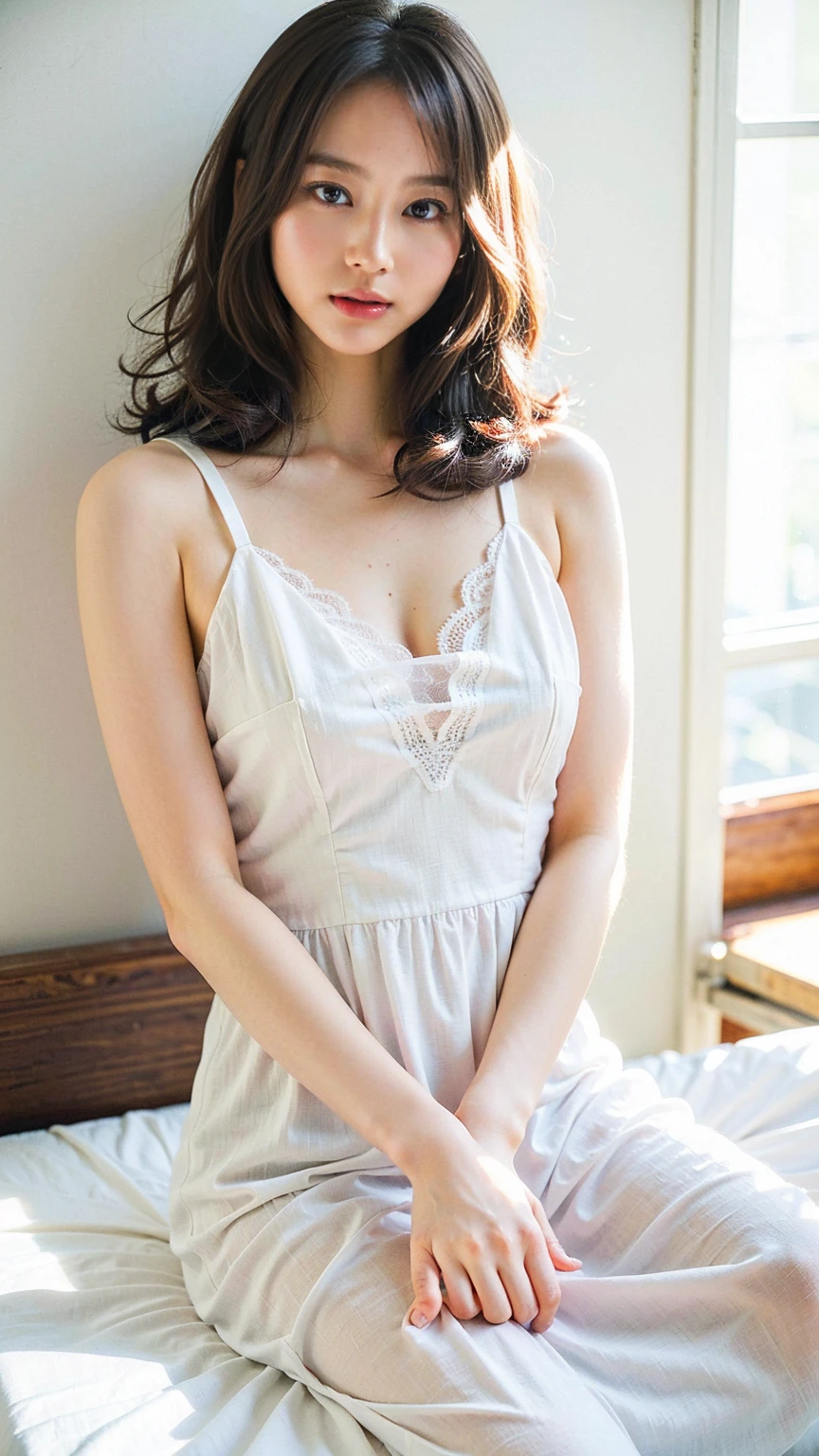 Catherine steadman, 30 years of age, camera facing, very happy and relaxed, sexually arroused, wearing a long white cotton buttoned night dress, short blonde bobbled hair, wet skin, , very small breasts, sitting on a white cotton bed