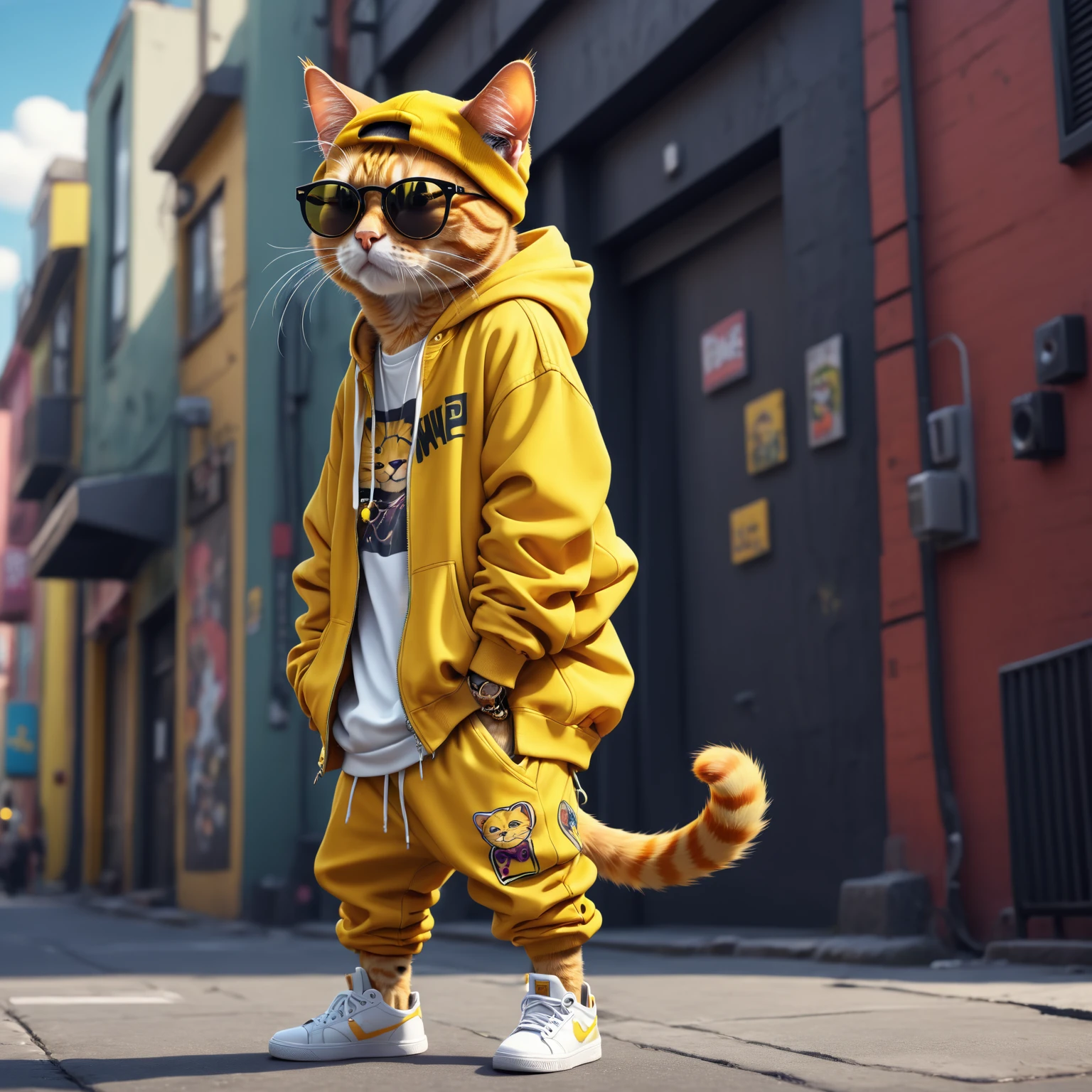 a rapper cat, listening to music and wearing sunglasses, baggy outfit like hip hop style, urban city. yellow cat, cartoon style. 4k.