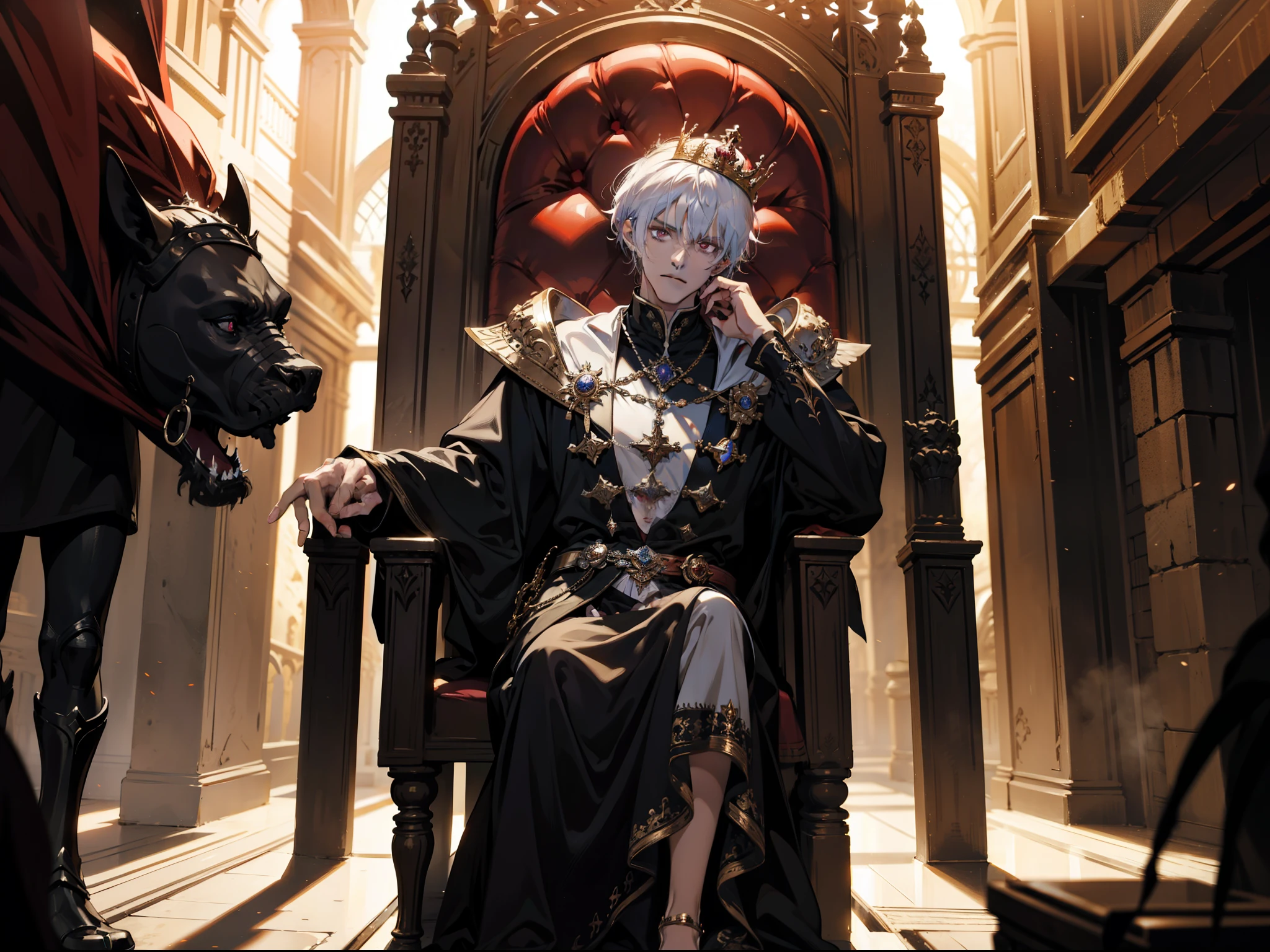 white hair, The purple-eyed king sits on a majestic throne in an abandoned palace with a crown on his head.. The environment around him was dark and gloomy., There is a knight in black at the back.. The throne is luxurious., With details of gold and precious gems, And covered with a dusty cloth.. The hero wears royal court clothing., With a determined look on his face, As he looked at the horizon with his glowing red eyes,, Masterpiece, Best quality, Special details, illustration, 8K concept art, Fantasy art, Epic Art, 4K concept art wallpaper, dark color, Natural light. adult, handsome, Tall, muscular man, Broad shoulders