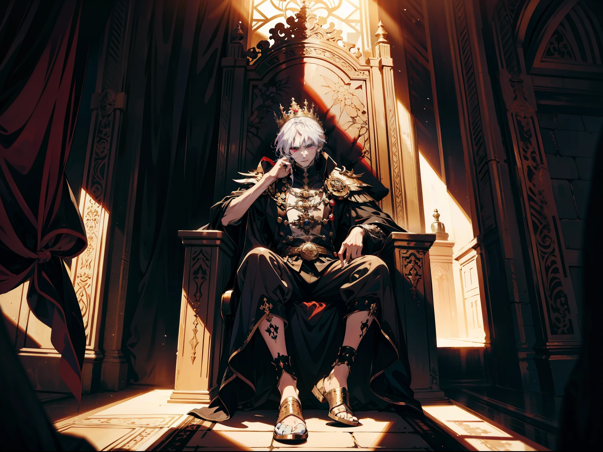 white hair, The purple-eyed king sits on a majestic throne in an abandoned palace with a crown on his head.. The environment around him was dark and gloomy., There is a knight in black at the back.. The throne is luxurious., With details of gold and precious gems, And covered with a dusty cloth.. The hero wears royal court clothing., With a determined look on his face, As he looked at the horizon with his glowing red eyes,, Masterpiece, Best quality, Special details, illustration, 8K concept art, Fantasy art, Epic Art, 4K concept art wallpaper, dark color, Natural light. adult, handsome, Tall, muscular man, Broad shoulders