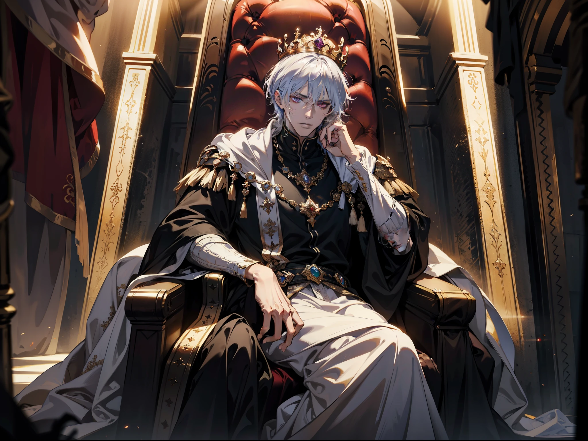 white hair, The purple-eyed king sits on a majestic throne in an abandoned palace with a crown on his head.. The environment around him was dark and gloomy., There is a knight in black at the back.. The throne is luxurious., With details of gold and precious gems, And covered with a dusty cloth.. The hero wears royal court clothing., With a determined look on his face, As he looked at the horizon with his glowing red eyes,, Masterpiece, Best quality, Special details, illustration, 8K concept art, Fantasy art, Epic Art, 4K concept art wallpaper, dark color, Natural light. adult, handsome, Tall, muscular man, Broad shoulders