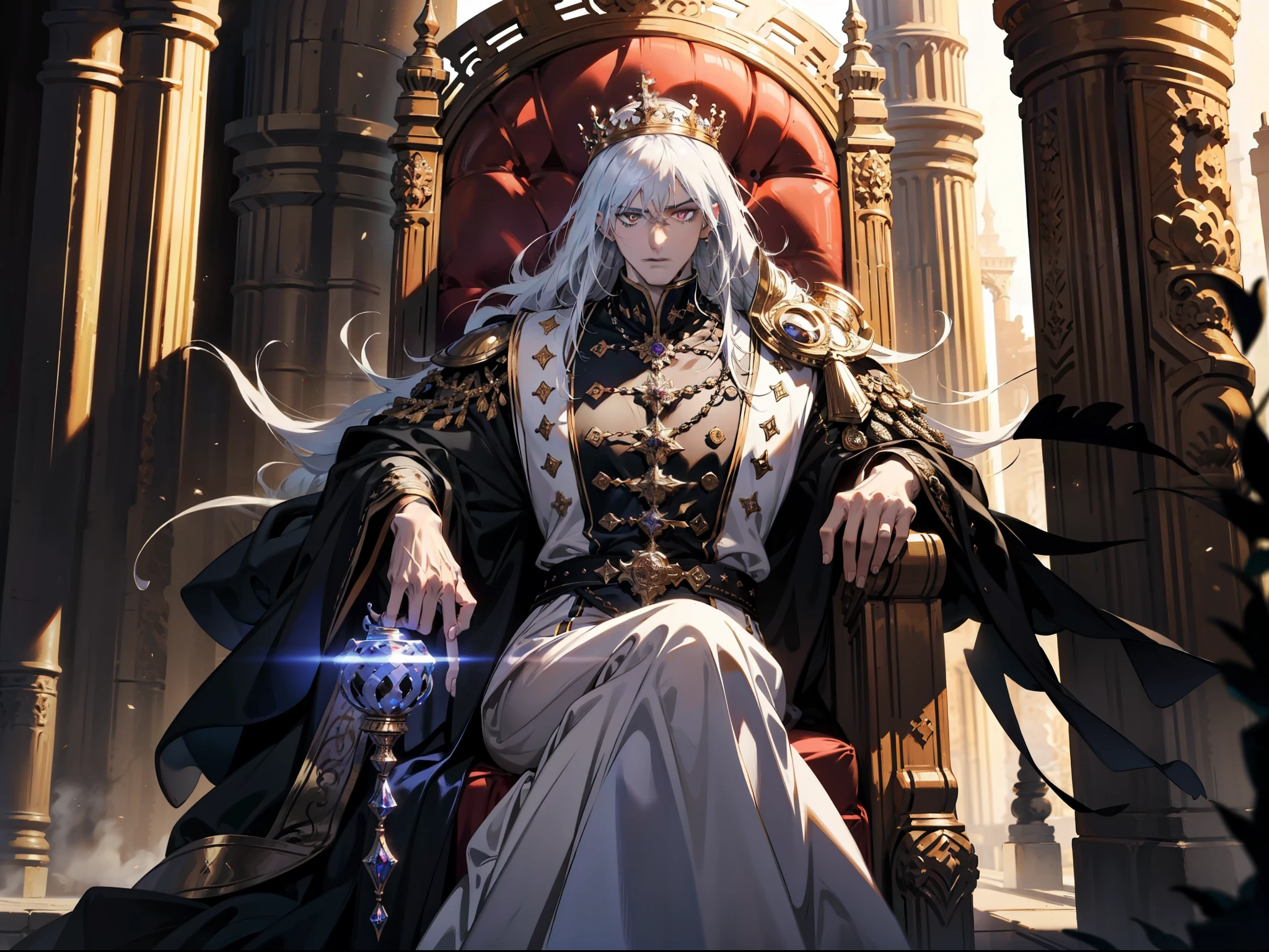 white hair, The purple-eyed king sits on a majestic throne in an abandoned palace with a crown on his head.. The environment around him was dark and gloomy., There is a knight in black at the back.. The throne is luxurious., With details of gold and precious gems, And covered with a dusty cloth.. The hero wears royal court clothing., With a determined look on his face, As he looked at the horizon with his glowing red eyes,, Masterpiece, Best quality, Special details, illustration, 8K concept art, Fantasy art, Epic Art, 4K concept art wallpaper, dark color, Natural light. adult, handsome, Tall, muscular man, Broad shoulders