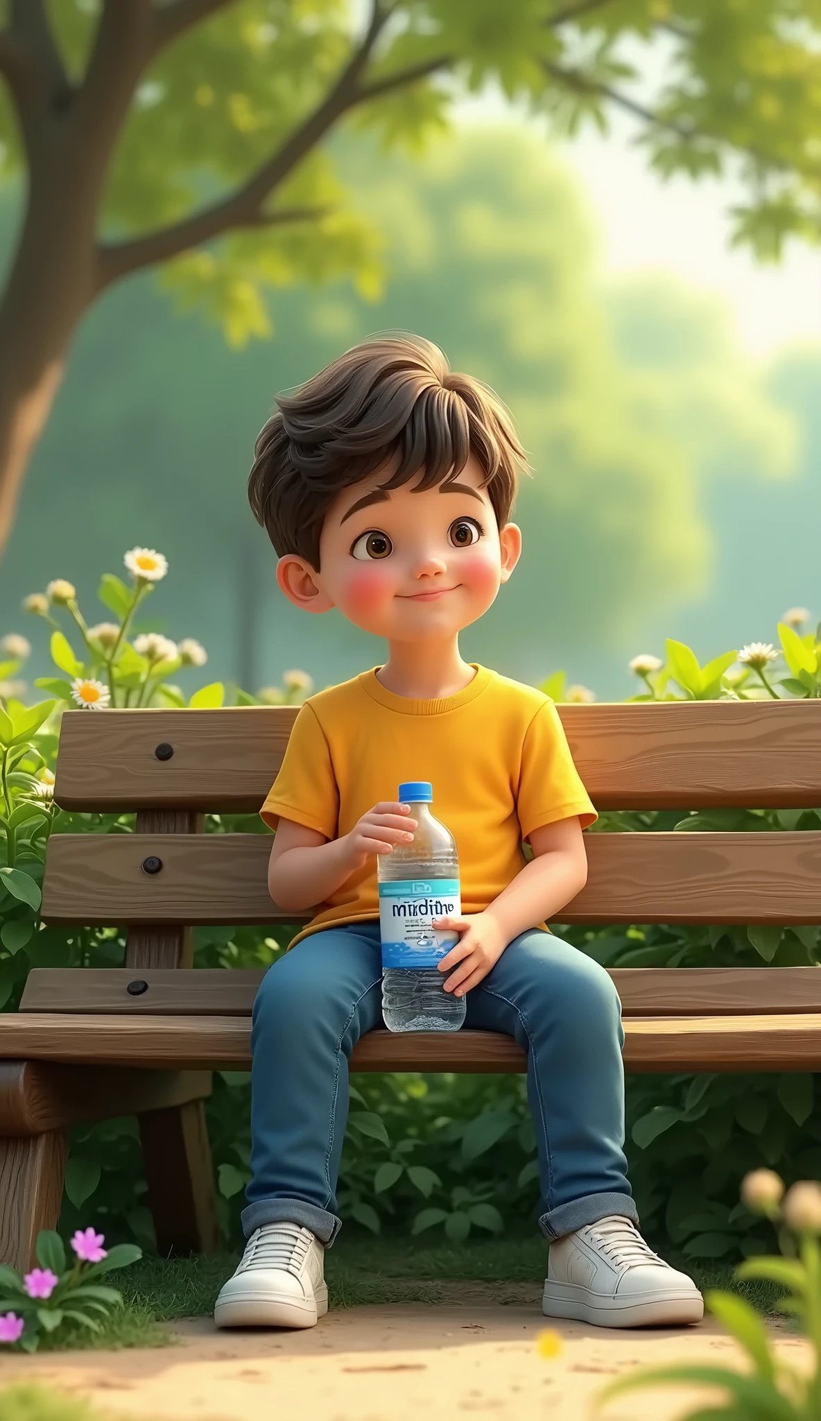 (photorealism:1.2), Indonesian young boy, half body, wearing tosca t-shirt polo with hat tosca, holding a bottle water mineral and showing a thumb, smile expression, with rainy weather, outdoor, soft lighting, plants in background, cozy room, relaxed pose, realistic, intricate details, warm colors