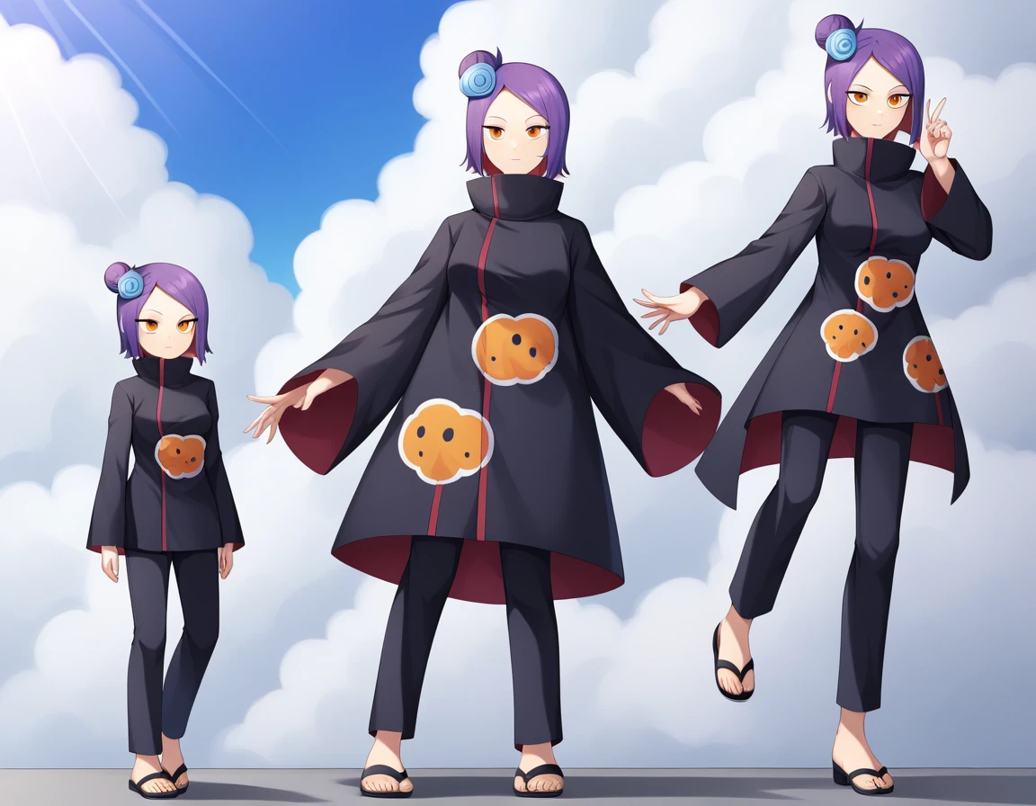 Konan NSH XL, make up, orange eyes, Blue yonder hair, short hair, individual bun, hair flower, medium breasts, high neck, black overcoat, cloud print coat, long sleeve, trousers, sandals