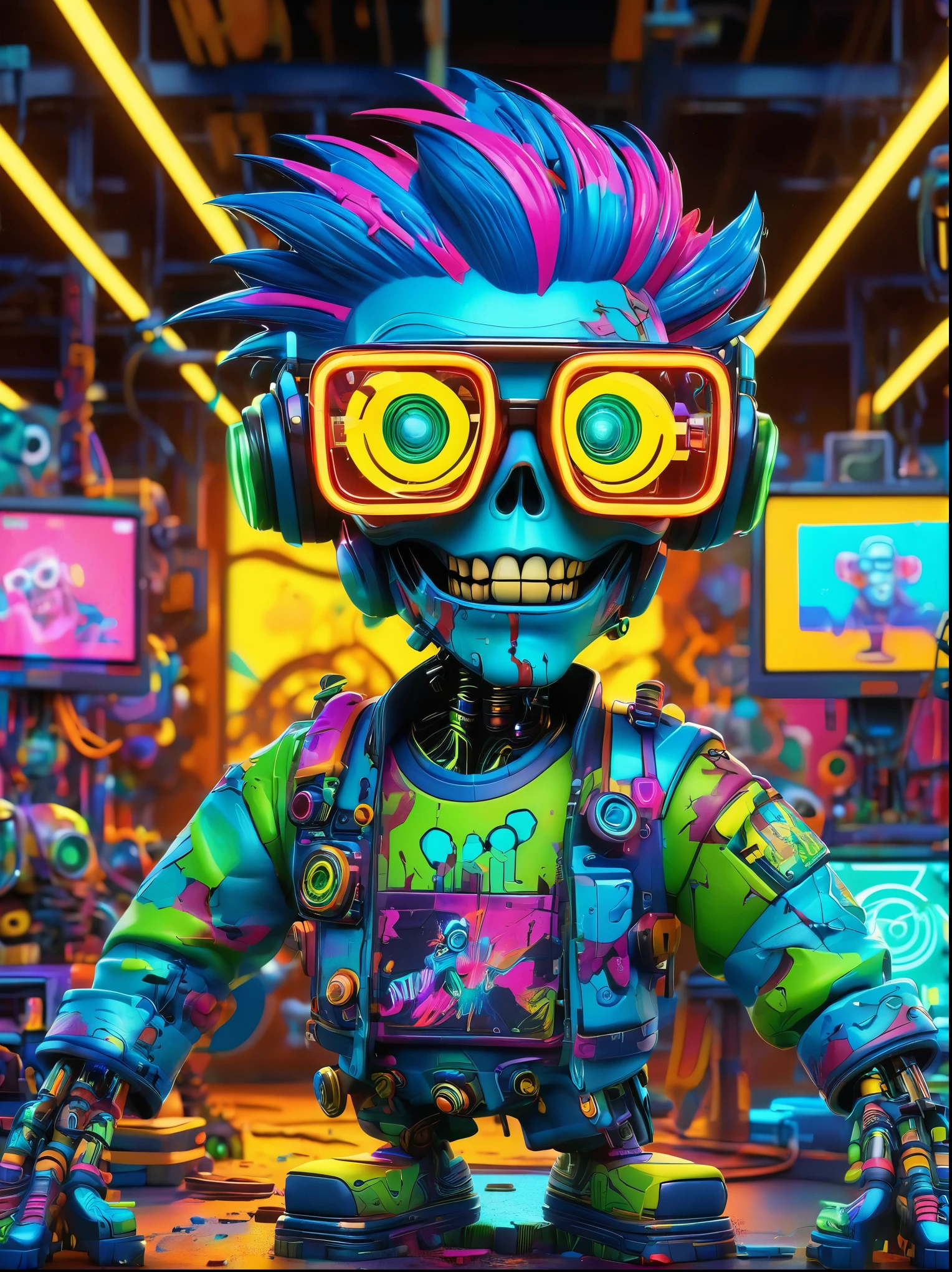 best quality, masterpiece, 3d, Pixar Artwork, Electronic variants, (Cartoon mechanical zombie with big glasses in the factory:1.5)，in a dynamic dancing pose within a colorful virtual reality world teeming with neon lights and vibrant holograms, The scene bears the influences of both pop art and graffiti, a truly cyberpunk-inspired ensemble with explosive energy, created using digital painting methods and radiant, glowing effects