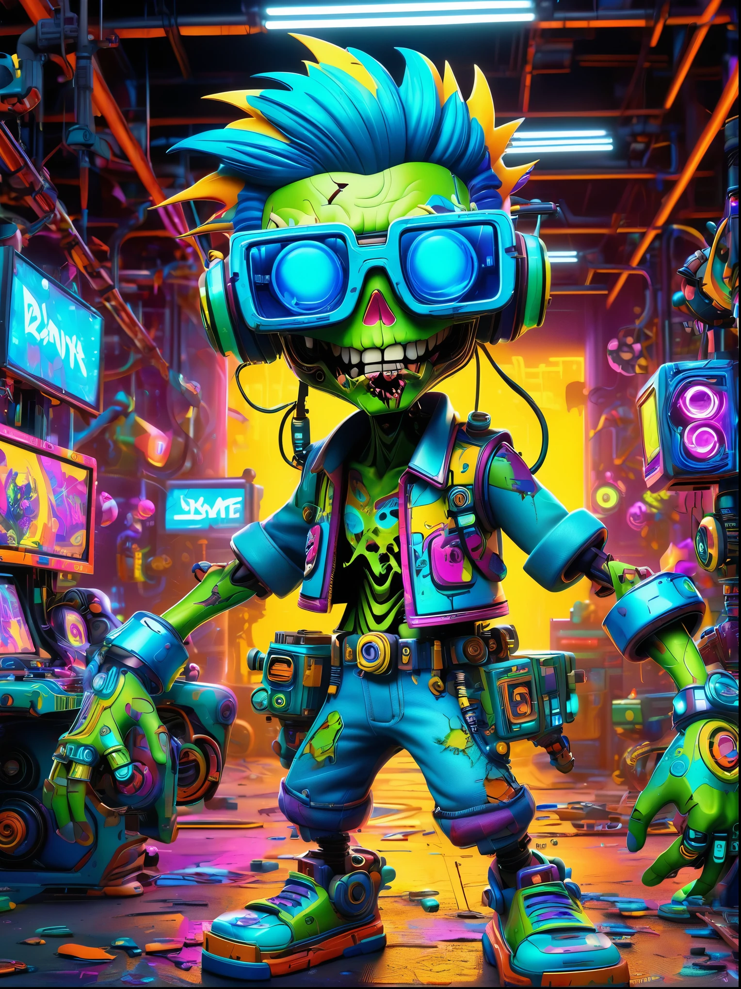 best quality, masterpiece, 3d, Pixar Artwork, Electronic variants, (Cartoon mechanical zombie with big glasses in the factory:1.5)，in a dynamic dancing pose within a colorful virtual reality world teeming with neon lights and vibrant holograms, The scene bears the influences of both pop art and graffiti, a truly cyberpunk-inspired ensemble with explosive energy, created using digital painting methods and radiant, glowing effects