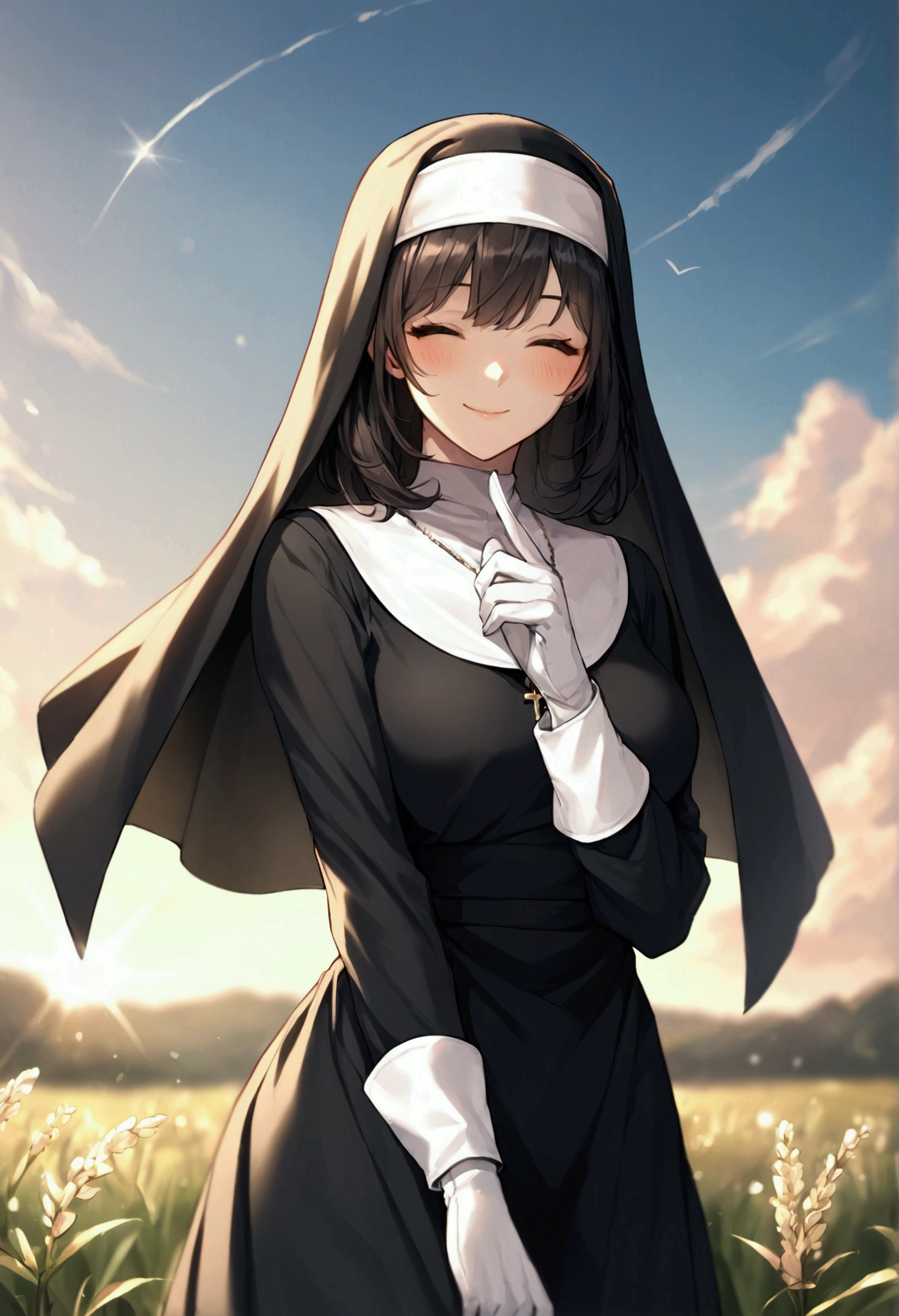 score_9, score_8_up, score_7_up, score_6_up, very aesthetic, daylight, cinematic light, backlighting, light rays, blur background, 1girl, solo, mature woman, beautiful girl, nun (black nun's outfit), white gloves, smile, medium hair, bangs, black hair, closed eyes, Pretty Face, wholesome, Blushing look, calm, smile, happy face, medium breast, curve body, looking at viewer, (background : Natural Field Grass with Blue Sky and beautiful clouds), Shooting up close, Shooting from the side, foreshortening,