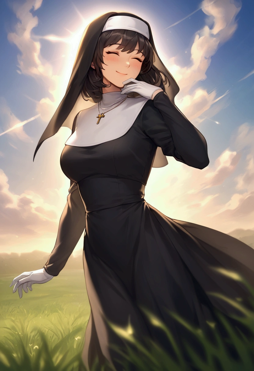 score_9, score_8_up, score_7_up, score_6_up, very aesthetic, daylight, cinematic light, backlighting, light rays, blur background, 1girl, solo, mature woman, beautiful girl, nun (black nun's outfit), white gloves, smile, medium hair, bangs, black hair, closed eyes, Pretty Face, wholesome, Blushing look, calm, smile, happy face, medium breast, curve body, looking at viewer, (background : Natural Field Grass with Blue Sky and beautiful clouds), Shooting up close, Shooting from the side, foreshortening,