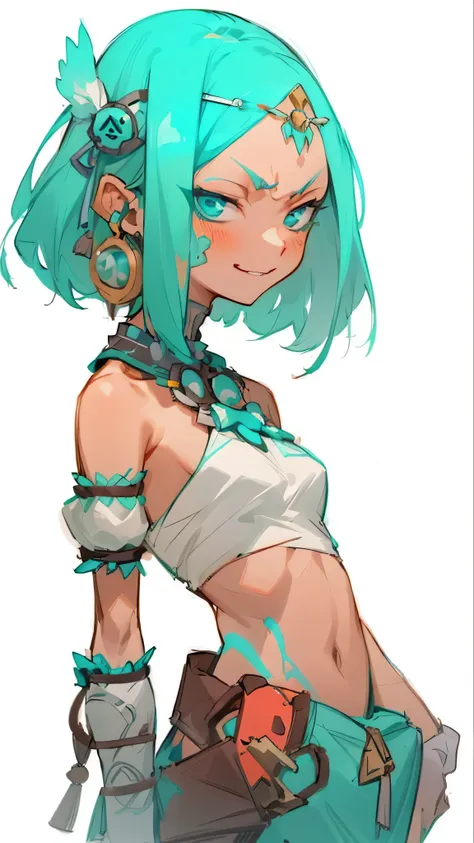 a drawing of a girl with green hair and a white top, anime girl with teal hair, knights of zodiac girl, 2 d anime style, mikuday...