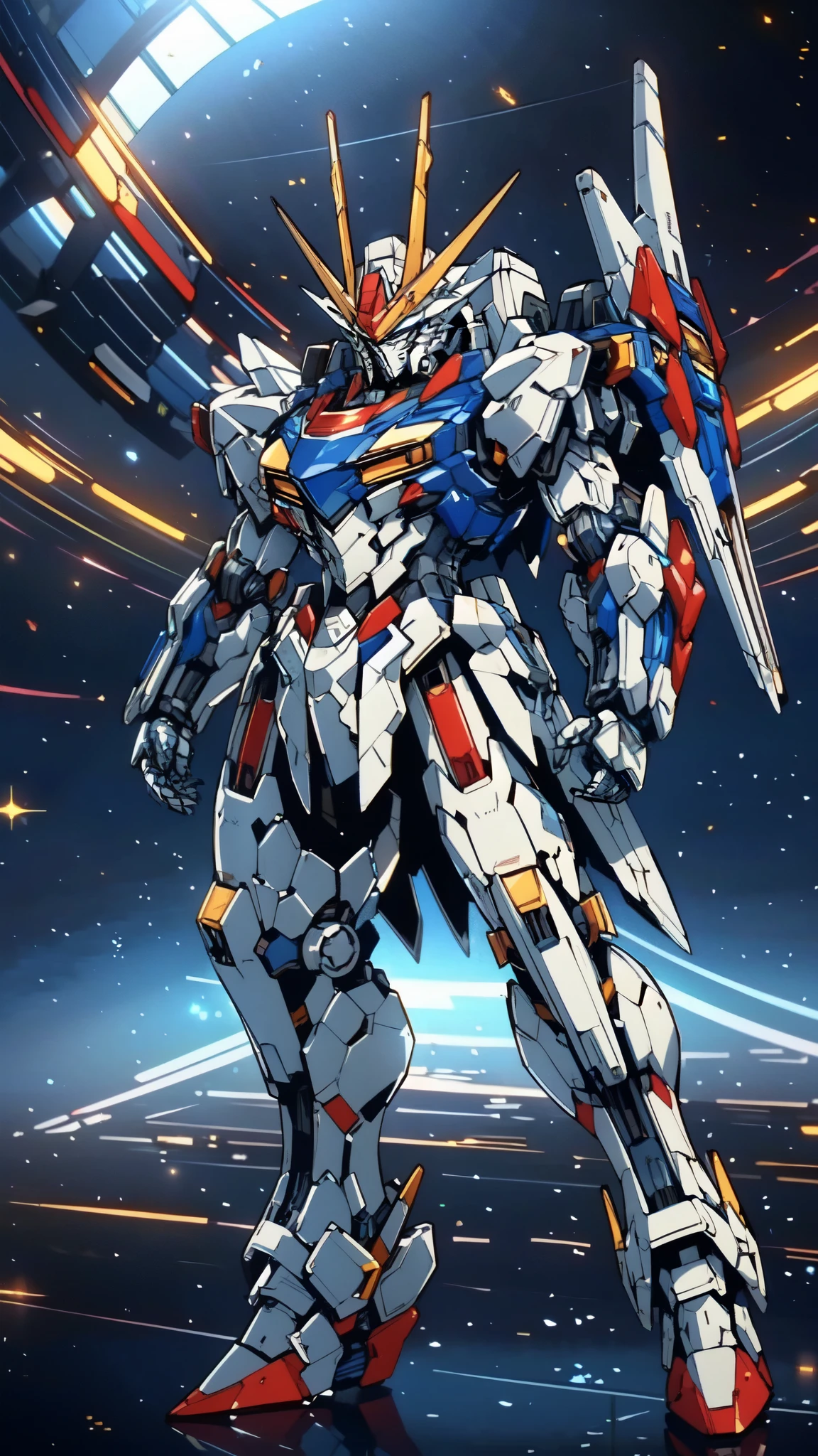 (masterpiece:1.5, best quality:1.5, extremely delicate:1.5), (male:1.5), humanoid Mecha, fully enclosed shoulder guards, matching arm and leg guards, full body, full armor, the design balances heavy with agility, (the color scheme is primarily White with Red and Blue accents, the concept Inspired by GUNDAM, RRS), organic biotech armor, standing, floating high above the futuristic sci-fi city, exquisite and mature art style, (aura effect, glowing eyes, the armor glows), metallic, dramatic, high definition, highres, ultra-detailed, ultra-fine painting, professional, perfect body proportions, anatomically correct, symmetrical face, extremely detailed eyes and face, high quality eyes, creativity, RAW photo, UHD, 32k, Natural light, cinematic lighting, masterpiece-anatomy-perfect