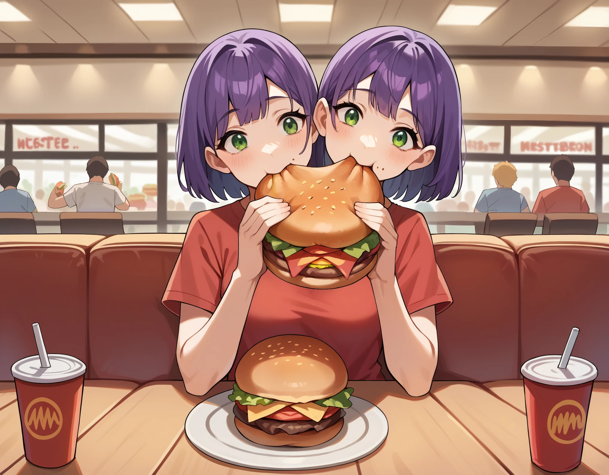 anime, (masterpiece, best quality), best resolution, two heads, 1girl, purple hair, green eyes, red t-shirt, sitting, eating, holding a huge burger with both hands, eating, both heads biting the burger at the same time, inside a fast-food restaurant