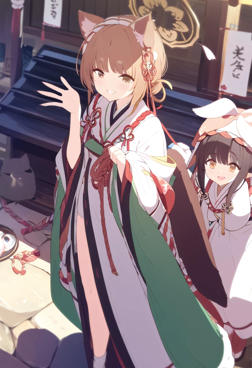 Please be careful when viewing、masterpiece、One 、Shrine maiden costume、shrine、Cat ears and tail、Cute single tusk、Very small breasts、Brown Hair、An innocent smile、One fat man、Man and woman talking、Vision、A view that allows you to see the whole body