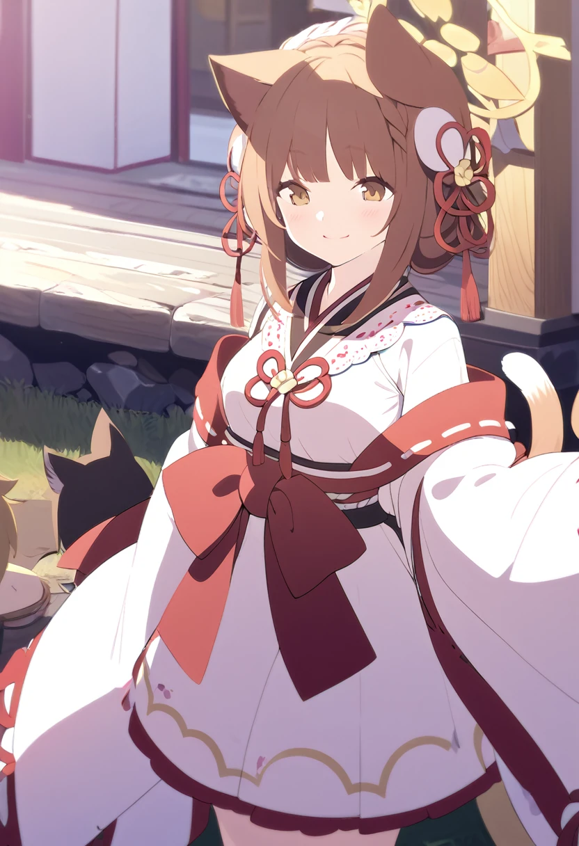 Please be careful when viewing、masterpiece、One 、Shrine maiden costume、shrine、Cat ears and tail、Cute single tusk、Very small breasts、Brown Hair、An innocent smile、One fat man、Man and woman talking、Vision、A view that allows you to see the whole body