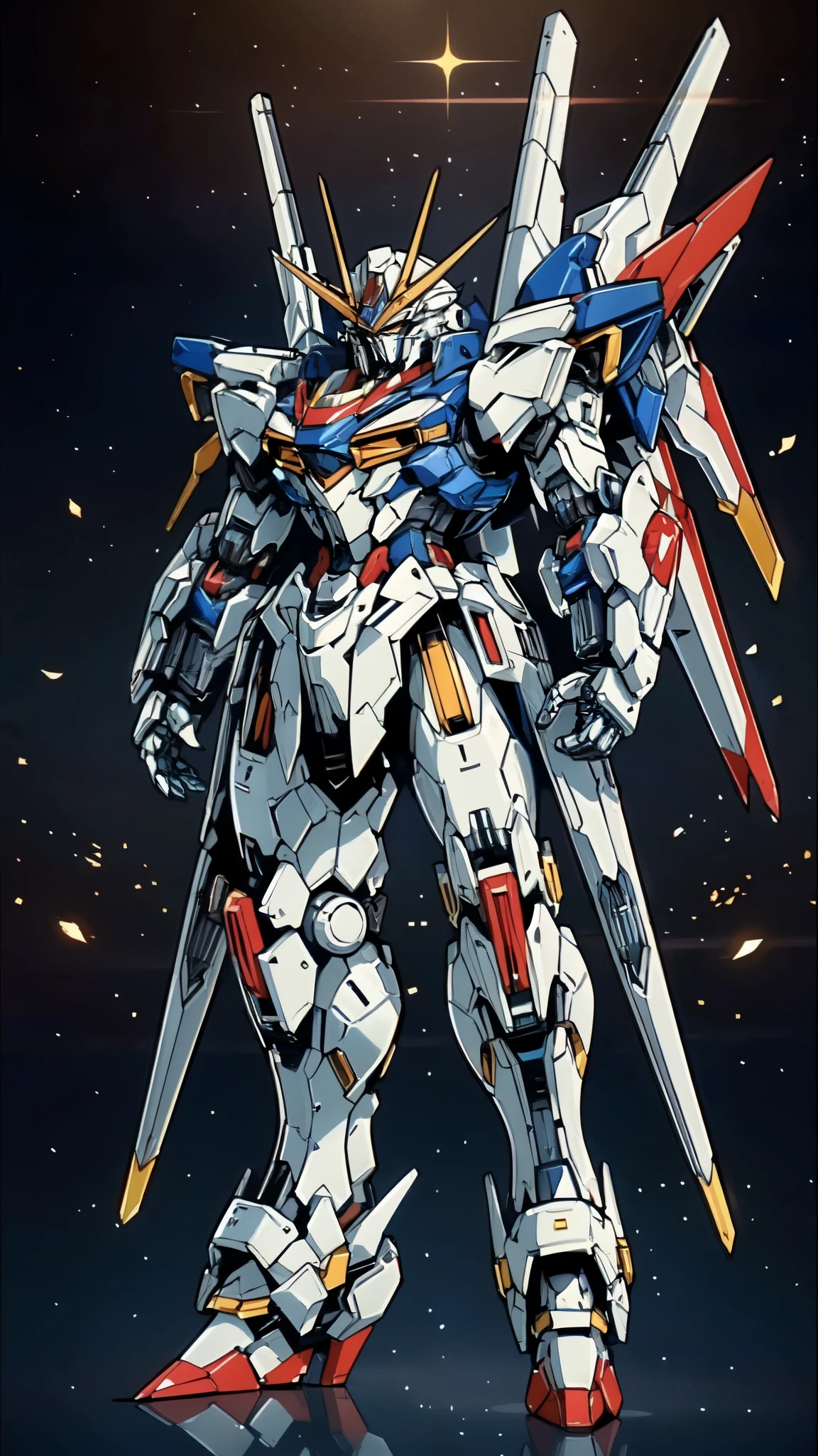 (masterpiece:1.5, best quality:1.5, extremely delicate:1.5), (male:1.5), humanoid Mecha, fully enclosed shoulder guards, matching arm and leg guards, full body, full armor, the design balances heavy with agility, (the color scheme is primarily White with Red and Blue accents, the concept Inspired by GUNDAM, RRS), organic biotech armor, standing, floating high above the futuristic sci-fi city, exquisite and mature art style, (aura effect, glowing eyes, the armor glows), metallic, dramatic, high definition, highres, ultra-detailed, ultra-fine painting, professional, perfect body proportions, anatomically correct, symmetrical face, extremely detailed eyes and face, high quality eyes, creativity, RAW photo, UHD, 32k, Natural light, cinematic lighting, masterpiece-anatomy-perfect