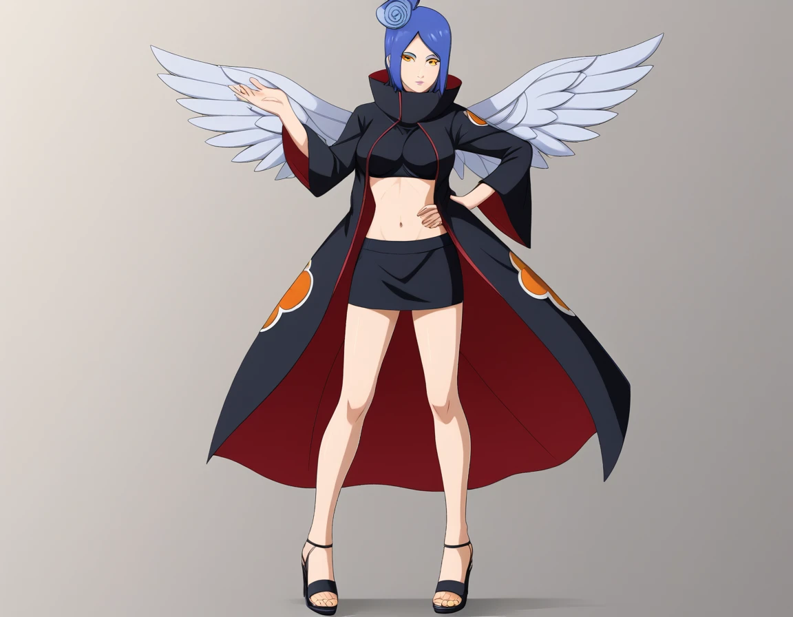 Konan NSH XL, make up, orange eyes, blue hair, short hair, individual bun, hair flower, medium breasts, high neck,open shirt showing belly button, short skirt, Open toe heeled sandals,big bust, winged a more adult and sexy version with the same clothes