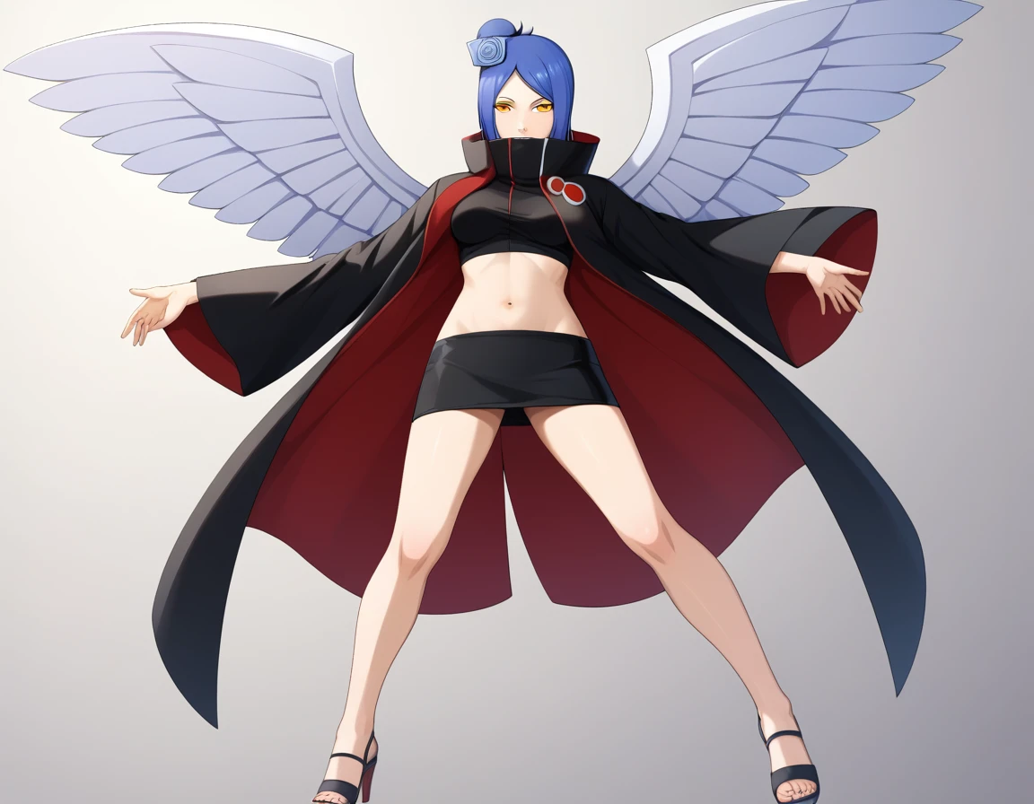 Konan NSH XL, make up, orange eyes, blue hair, short hair, individual bun, hair flower, medium breasts, high neck,open shirt showing belly button, short skirt, Open toe heeled sandals,big bust, winged a more adult and sexy version with the same clothes