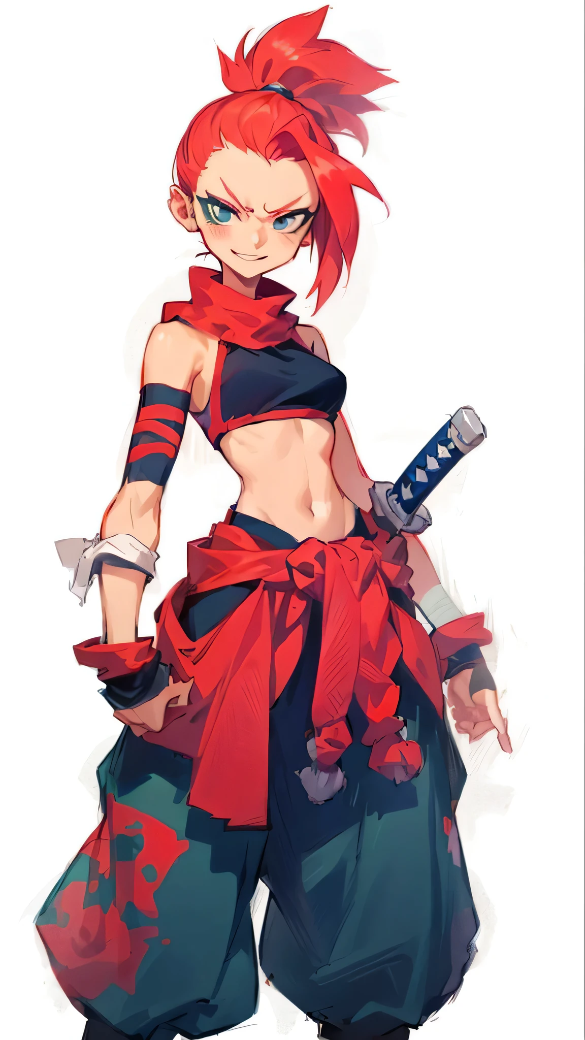 a drawing of a woman with red hair and a red top holding a knife, kunoichi, anime style character, anime character, anime stile, female protagonist 👀 :8, anime styled, style anime, female anime character, katana zero video game character, anime style, jrpg character, akali, the red ninja, anime-style, female rouge assassinHD, (Best Detail), (Best Quality), Grimjo Jaegyaks, black boots, natural light, blue sky, angry eyes, smile, looking at the audience, full body,