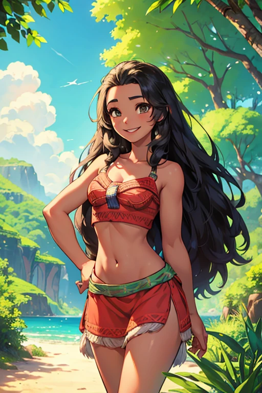 Smiling cheerful Disney's Moana with very long down loose hair down to her hips in the forest on a hot sunny summer day