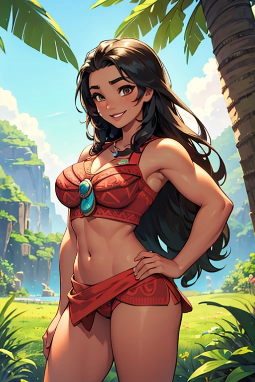 Sexy Busty Buff Muscular athletic Smiling cheerful Disney's Moana with very long down loose hair down to her hips in the forest on a hot sunny summer day