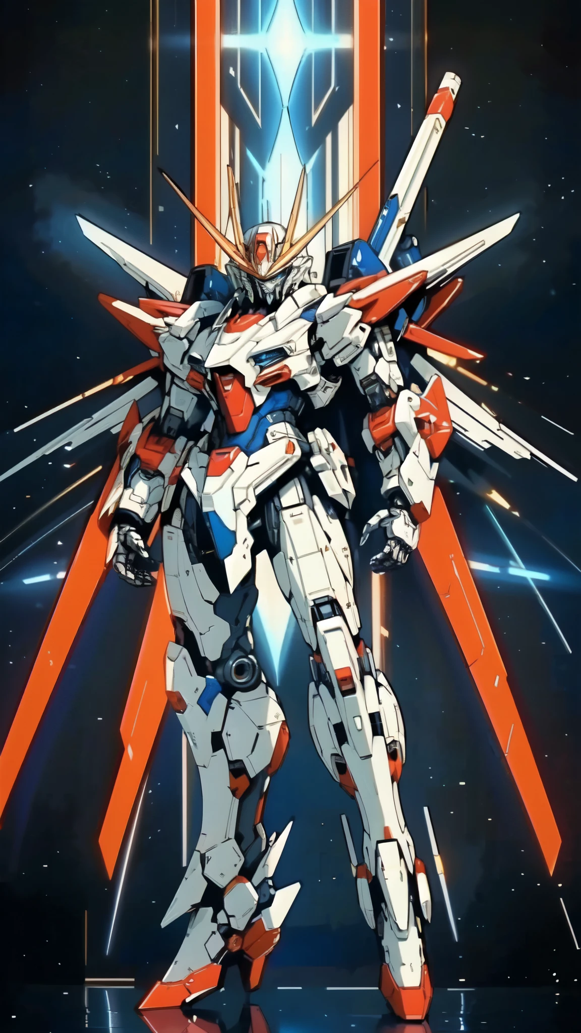 (masterpiece:1.5, best quality:1.5, extremely delicate:1.5), (male:1.5), humanoid Mecha, fully enclosed shoulder guards, matching arm and leg guards, full body, full armor, the design balances heavy with agility, (the color scheme is primarily White with Red and Blue accents, the concept Inspired by GUNDAM, RRS), organic biotech armor, standing, floating high above the futuristic sci-fi city, exquisite and mature art style, (aura effect, glowing eyes, the armor glows), metallic, dramatic, high definition, highres, ultra-detailed, ultra-fine painting, professional, perfect body proportions, anatomically correct, symmetrical face, extremely detailed eyes and face, high quality eyes, creativity, RAW photo, UHD, 32k, Natural light, cinematic lighting, masterpiece-anatomy-perfect