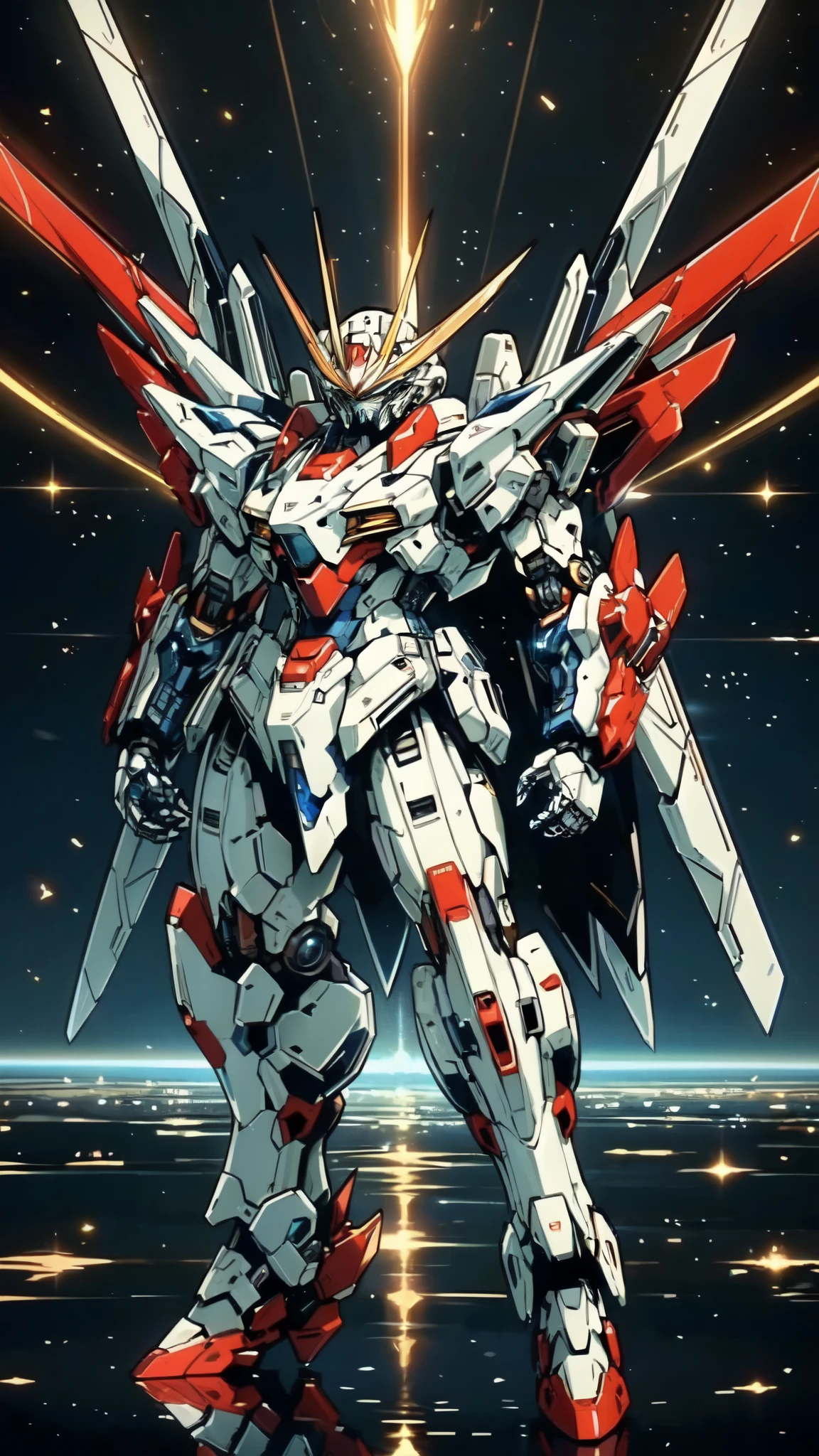 (masterpiece:1.5, best quality:1.5, extremely delicate:1.5), (male:1.5), humanoid Mecha, fully enclosed shoulder guards, matching arm and leg guards, full body, full armor, the design balances heavy with agility, (the color scheme is primarily White with Red and Blue accents, the concept Inspired by GUNDAM, RRS), organic biotech armor, standing, floating high above the futuristic sci-fi city, exquisite and mature art style, (aura effect, glowing eyes, the armor glows), metallic, dramatic, high definition, highres, ultra-detailed, ultra-fine painting, professional, perfect body proportions, anatomically correct, symmetrical face, extremely detailed eyes and face, high quality eyes, creativity, RAW photo, UHD, 32k, Natural light, cinematic lighting, masterpiece-anatomy-perfect