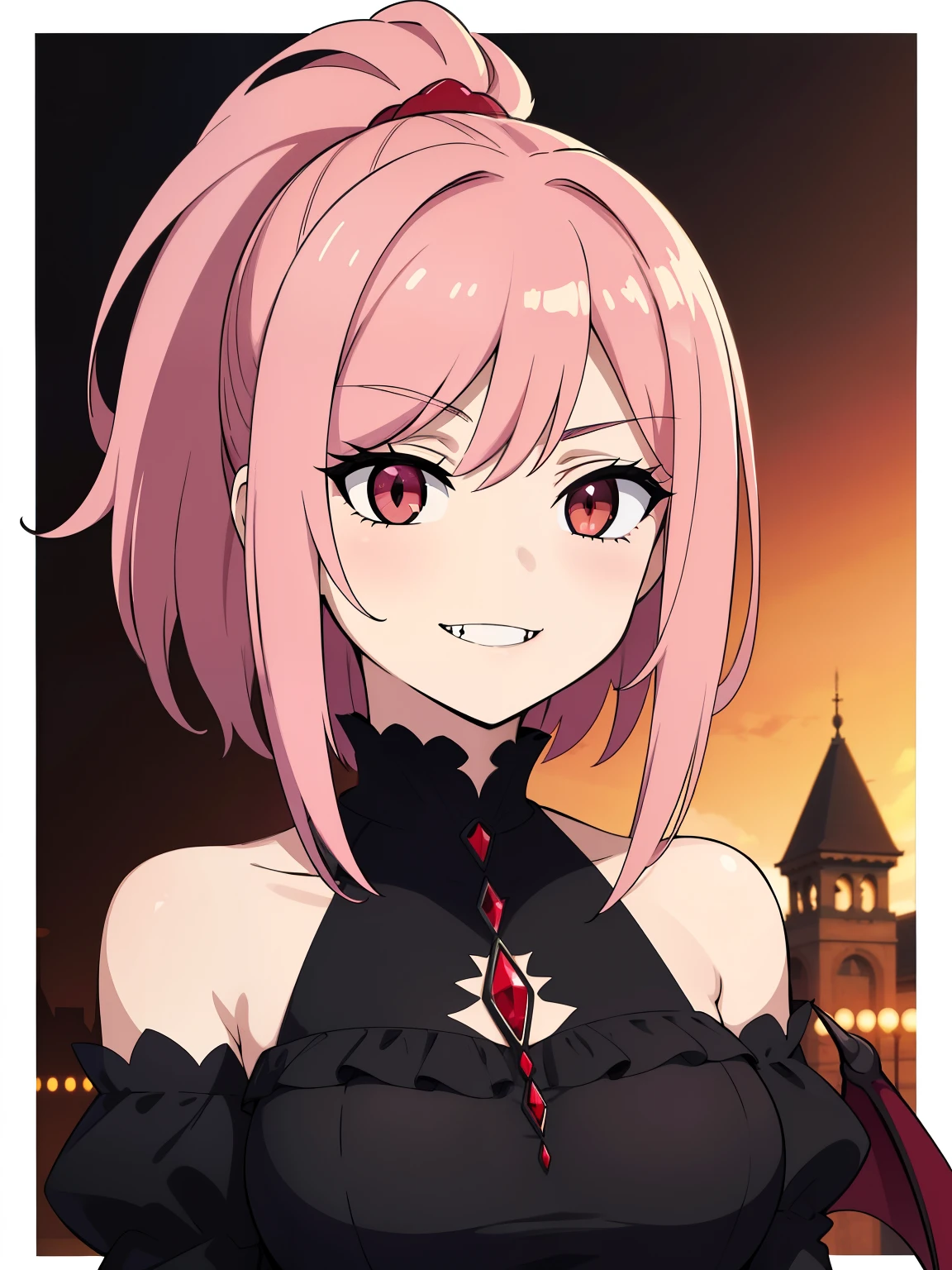 (high-quality, breathtaking),(expressive eyes, perfect face) 1girl, female, solo, portrait, Symmetrical Eyes, medium hair, pink hair color, blood red eyes, ponytail, hourglass figure, black gothic dress, bare shoulders, sleeves, fangs, vampire, mature and regal, adult, smile, neutral expression, slit pupils
