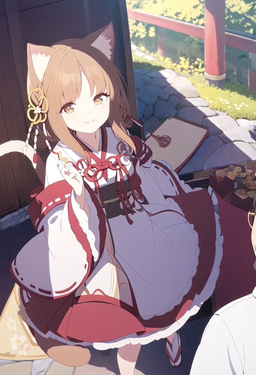 Please be careful when viewing、masterpiece、One 、Shrine maiden costume、shrine、Cat ears and tail、Cute single tusk、Very small breasts、Brown Hair、An innocent smile、One fat man、Man and woman talking、Vision、A view that allows you to see the whole body