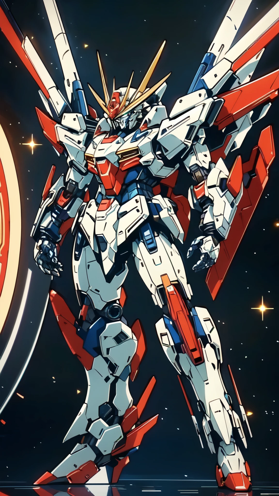 (masterpiece:1.5, best quality:1.5, extremely delicate:1.5), (male:1.5), humanoid Mecha, fully enclosed shoulder guards, matching arm and leg guards, full body, full armor, the design balances heavy with agility, (the color scheme is primarily White with Red and Blue accents, the concept Inspired by GUNDAM, RRS), organic biotech armor, standing, floating high above the futuristic sci-fi city, exquisite and mature art style, (aura effect, glowing eyes, the armor glows), metallic, dramatic, high definition, highres, ultra-detailed, ultra-fine painting, professional, perfect body proportions, anatomically correct, symmetrical face, extremely detailed eyes and face, high quality eyes, creativity, RAW photo, UHD, 32k, Natural light, cinematic lighting, masterpiece-anatomy-perfect