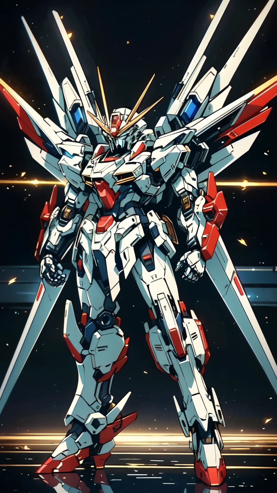 (masterpiece:1.5, best quality:1.5, extremely delicate:1.5), (male:1.5), humanoid Mecha, fully enclosed shoulder guards, matching arm and leg guards, full body, full armor, the design balances heavy with agility, (the color scheme is primarily White with Red and Blue accents, the concept Inspired by GUNDAM, RRS), organic biotech armor, standing, floating high above the futuristic sci-fi city, exquisite and mature art style, (aura effect, glowing eyes, the armor glows), metallic, dramatic, high definition, highres, ultra-detailed, ultra-fine painting, professional, perfect body proportions, anatomically correct, symmetrical face, extremely detailed eyes and face, high quality eyes, creativity, RAW photo, UHD, 32k, Natural light, cinematic lighting, masterpiece-anatomy-perfect