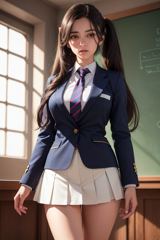 1 girl, beautiful long dark hair, twin tails, blue blazer uniform, necktie, tight skirt, knee-high socks, standing in anatomy club room, looking at viewer, sweet expression, human anatomy drawings on chalkboard, (best quality,4k,8k,highres,masterpiece:1.2),ultra-detailed,(realistic,photorealistic,photo-realistic:1.37),anatomy,scientific,precise,hyper-realistic,intricate details,vivid colors,cinematic lighting,volumetric lighting,depth of field,photo-realistic rendering