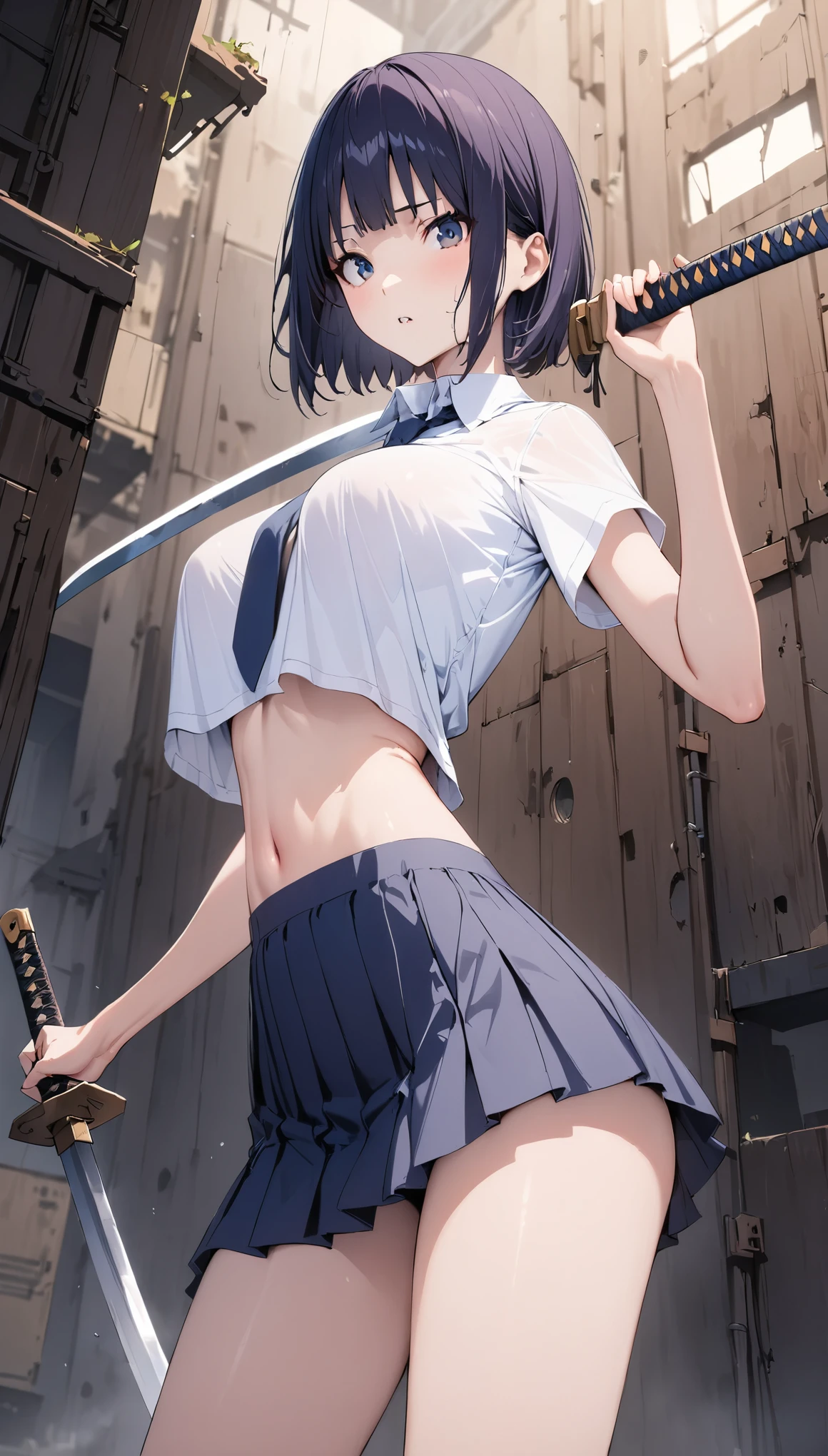 Action Scenes、((masterpiece,Best Quality:1.3,best quality illustrations)),cowboy shot,portrait,1woman,young adult,(dark blue hair,short bob cut hair),bangs,(very small head),dark blue eyes,(gorgeous eyes),long body,large breasts,(collared white shirt,Short sleeve、navel、Navy blue pleated mini skirt,Navy blue tie),Loafer shoes、slender body,toned body,Holding a precisely drawn Japanese sword,Sword fighting stance,standing,Abandoned Factory、at night、Dynamic Angle、