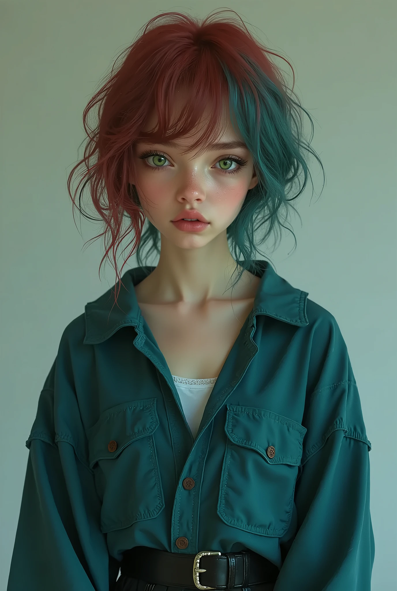 Arafed woman with red hair and green eyes wearing a green shirt - SeaArt AI