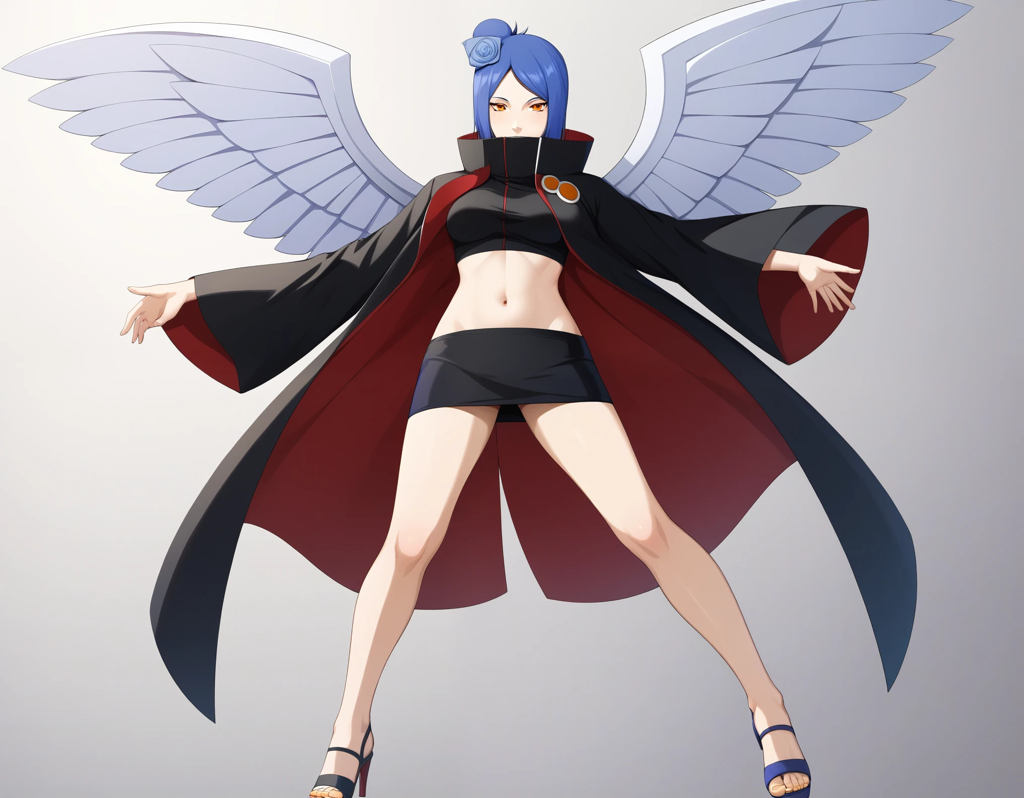 Konan NSH XL, make up, orange eyes, blue hair, short hair, individual bun, hair flower, medium breasts, high neck,open shirt showing belly button, short skirt, Open toe heeled sandals,big bust, winged a more adult and sexy version with the same clothes