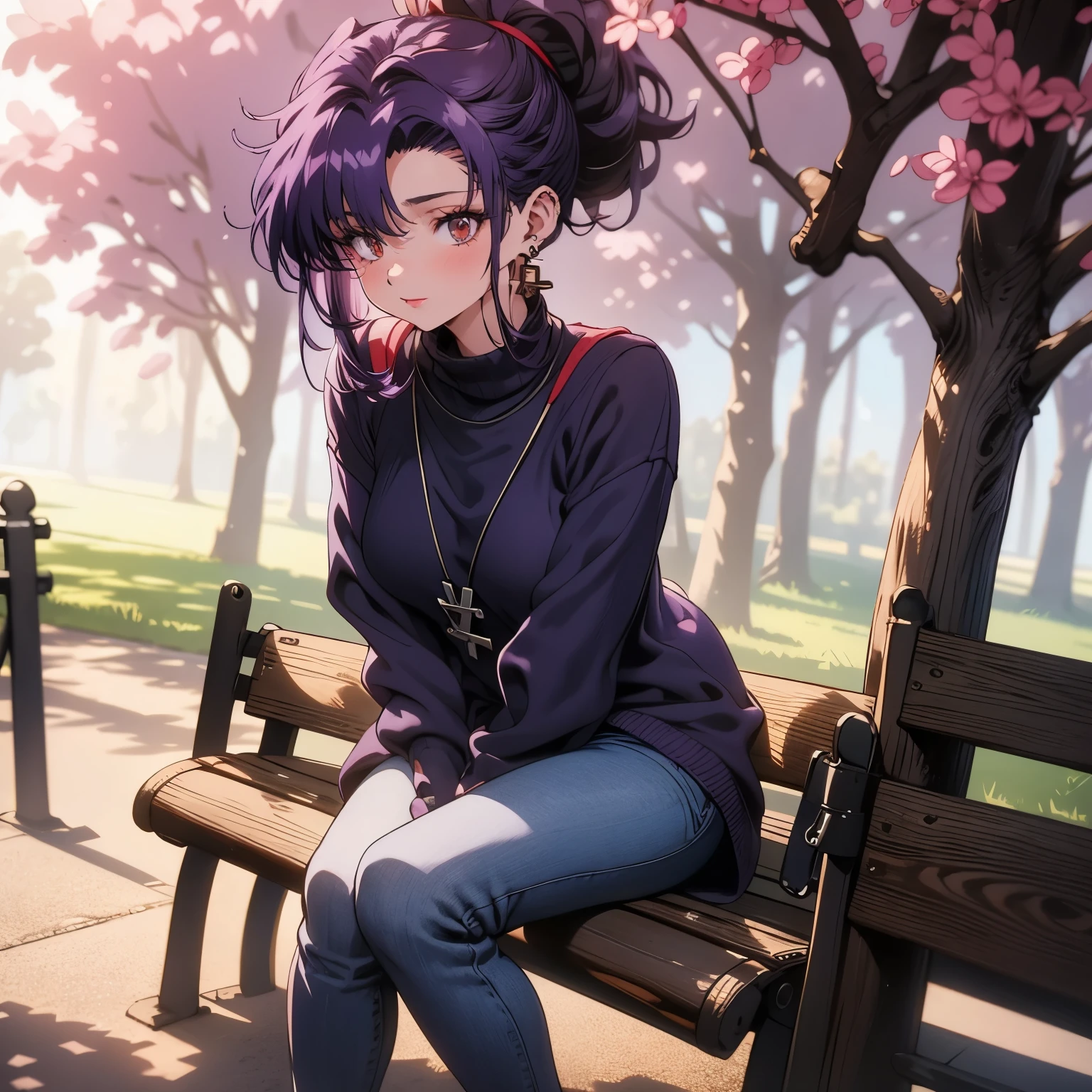 4k, HDR, full HD, masterpiece, 1 girl, (purple hair), perfect anatomy, full body, wears a long sweater dressed in blue and pink, short jeans, triangle earrings, red lips, hair in a ponytail , is sitting on a park bench, under the shade of a cherry tree