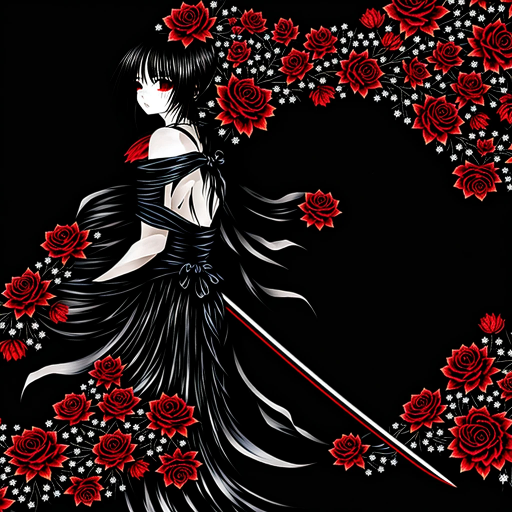 Perfect Anatomy、A girl in a kimono stands holding a jet-black Japanese sword with a shining tsuba.、Original, unique and cute hairstyle、Blue Eyes、Black and red kimono、White splashes on a black background、Ultra HD、Ultra-fine detail、Ultra-fine kimono patterns、family crest、To the viewer、Splash Fractal Art、Goth Kimono、Kimono with frills、Frilled Skirt、Big ribbon、The darkness of man、Broken Heart、A giant blade pierces his chest、Tears of Blood、Splashes of blood、Red black background、Blood is dripping from the thorns of the red rose、