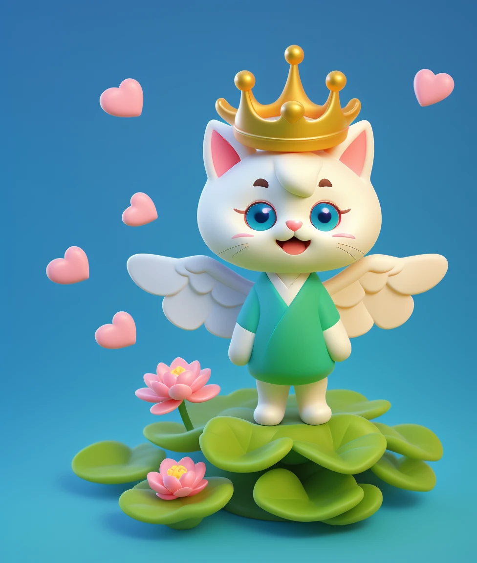 ((a white cat big ears with wings and crown standing in lotus flower in pond blue water, blue eyes, wings and hearts)) enjoying a ((eco, sky, green, ozone layers festival with glowing stars and lanterns, a heats, green leafs, and cloud decorations)) ((firework))| ((CUTE DETAILS EYES)) (GHIBLI STYLE)) ((MANY FLOWER)) ((KAWAII)) ((SUPER CUTE))) ((JAPAN MASCOT)) ((HAPPY)) ((SMILE)) | ((masterpiece: 1.2) (actual: 1.2) (Bokeh) (best quality) (delicate skin: 1.3) (intricate details) (8k) (mascot) (sharp focus), 3D soft render, cute 3d render, soft 3d render, cute! smooth 3d render, stylized as a 3d render, stylized 3d render, adorable digital painting, cute detailed digital art.