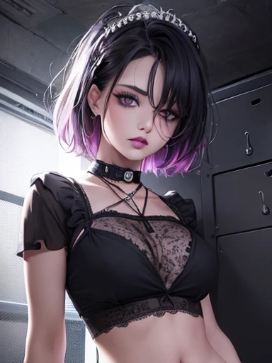 A woman with a tattoo on her chest is sitting on the bed, Cyberpunk Anime Girl, female Cyberpunk Anime Girl, Seductive Anime Girl, jet black haired cyberpunk girl, Anime Character; Full Body Art, dreamy cyberpunk girl, perfect android girl, anime-inspired, anime style 4 k, Cyberpunk Anime Girl in hoodie, Trending on CGSTATION, cyberpunk outfits, (black lipstick), (Black eyeliner)