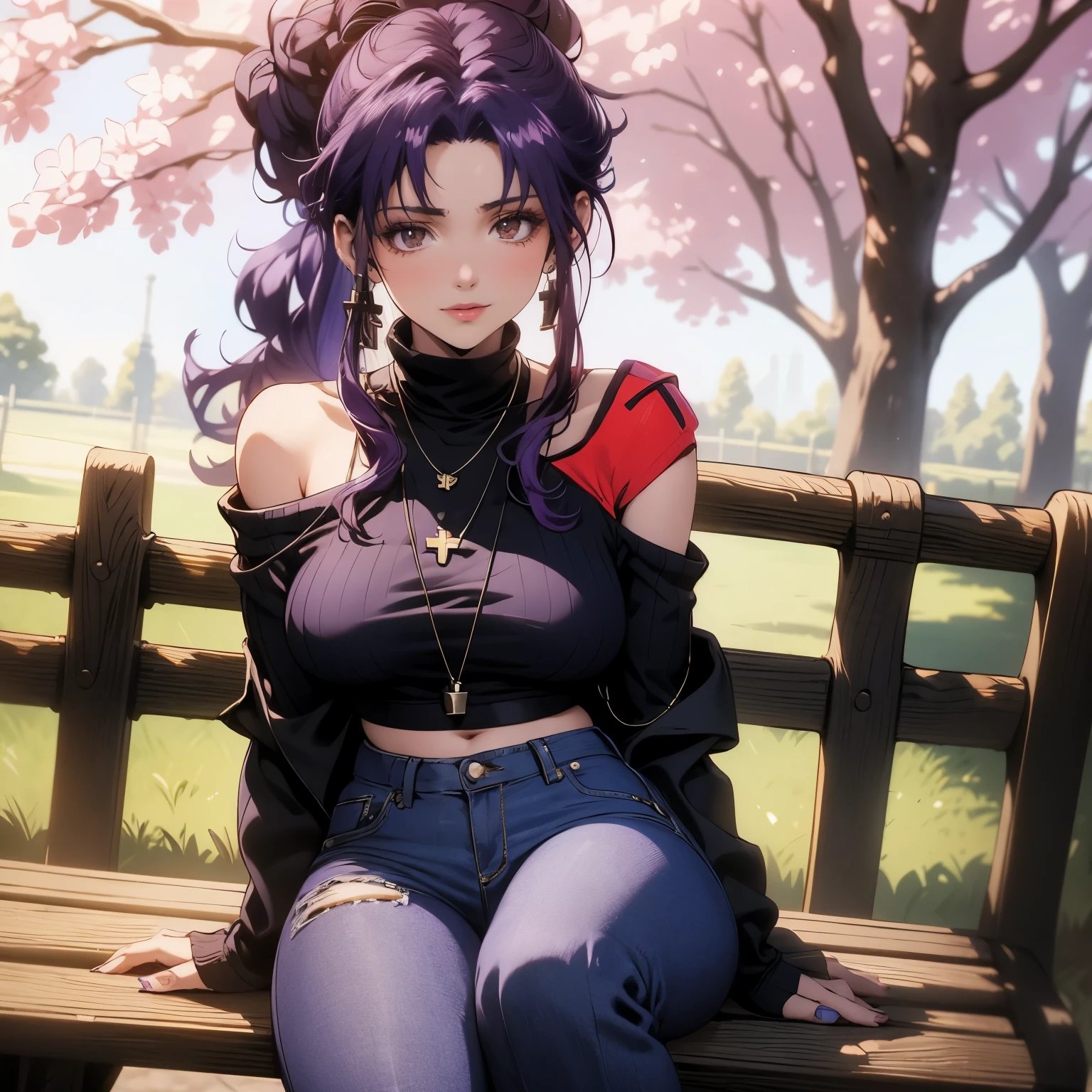 4k, HDR, full HD, masterpiece, 1 girl, (purple hair), perfect anatomy, full body, off shoulder sweater, the sweater is royal blue, short jeans, triangle earrings, red lips, hair in a ponytail , is sitting on a park bench, under the shade of a cherry tree