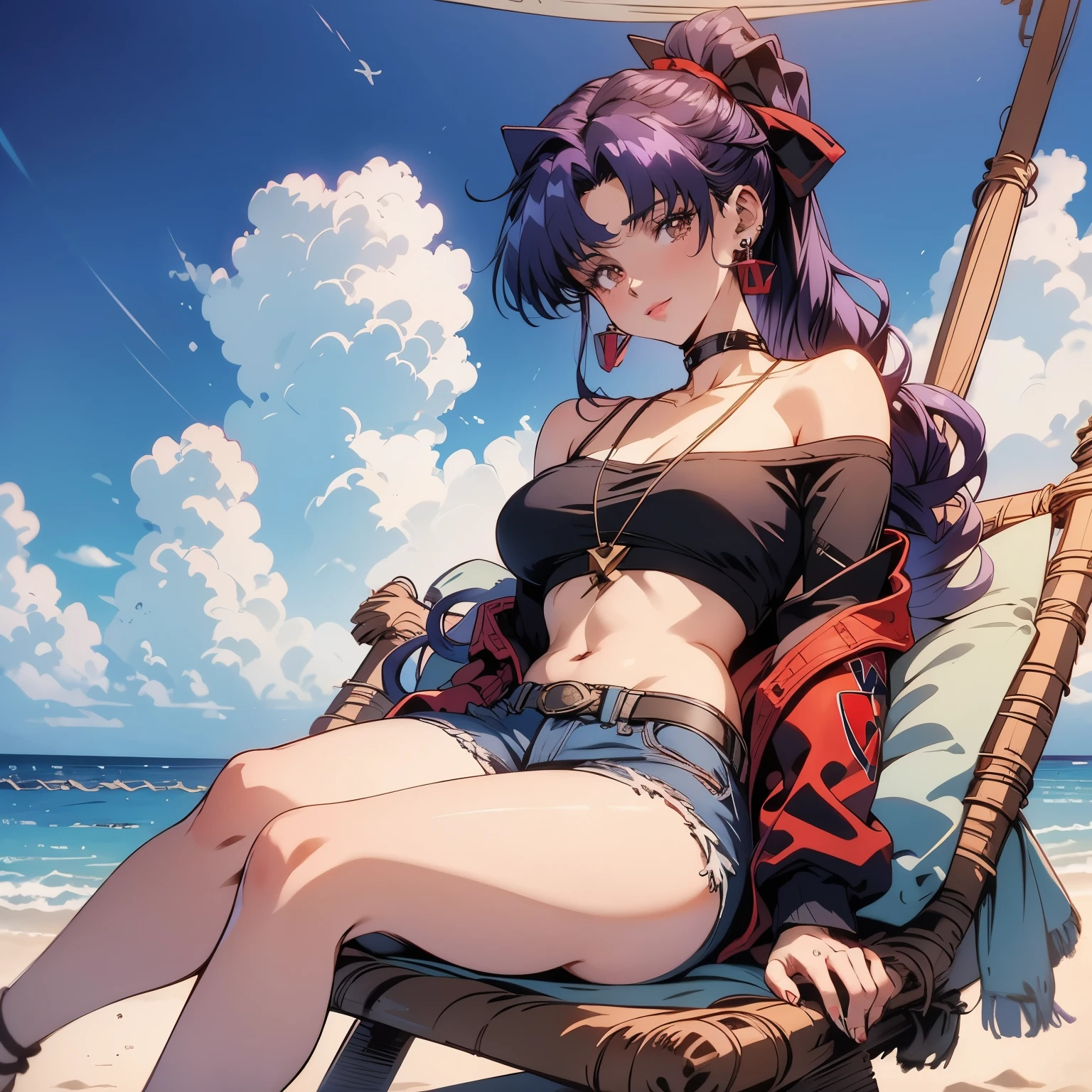 4k, HDR, full HD, masterpiece, 1 girl, (purple hair), perfect anatomy, full body, off shoulder sweater, the sweater is royal blue, denim shorts, triangle earrings, red lips, hair in a ponytail, sitting in a beach hammock