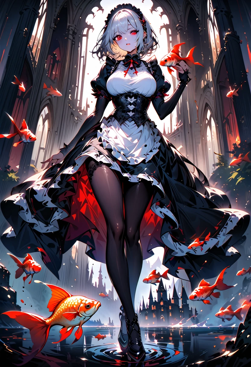 Young beautiful woman,(Best Quality,Extremely detailed depiction,Incredibly absurd high definition,Anatomically accurate,Curvy Legs,Shiny skin,Porcelain-like skin),(Black and white gothic maid outfit,Maid Skirt,corset,Black tights),eyelash,(Silver Hair,Red Eyes,Eyes half closed:1.5,Unfriendly look,Large Breasts,Glossy black lips:1.5,Heavy makeup),(whole body),background:Castle,Bright atmosphere,Other maid-clad women,メイドはgoldfish鉢を両手で支えている,goldfish