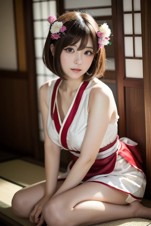 Cute 20 year old Japan woman、Beautiful Skin、Beautiful Hair、Short Hair Length、Bob Hair、Brown Hair Color、Beautiful Eyes、Brown Eye Color、Embarrassed look、place:Love Hotel、Shrine maiden、The naughtiest pose