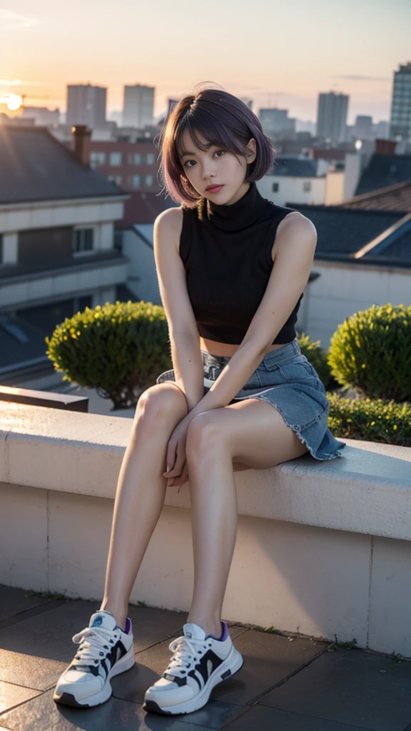 masterpiece, Ultra-high resolution, 4K, Best Quality, 1 person, ((whole body)), Beautiful and exquisite face, Beautiful, smooth skin, Skin Texture, 1, Baby Face, A photogenic rooftop, Sunset,sneakers, mini skirt, turtleneck, Purple Hair, Bobcut, Curly Hair