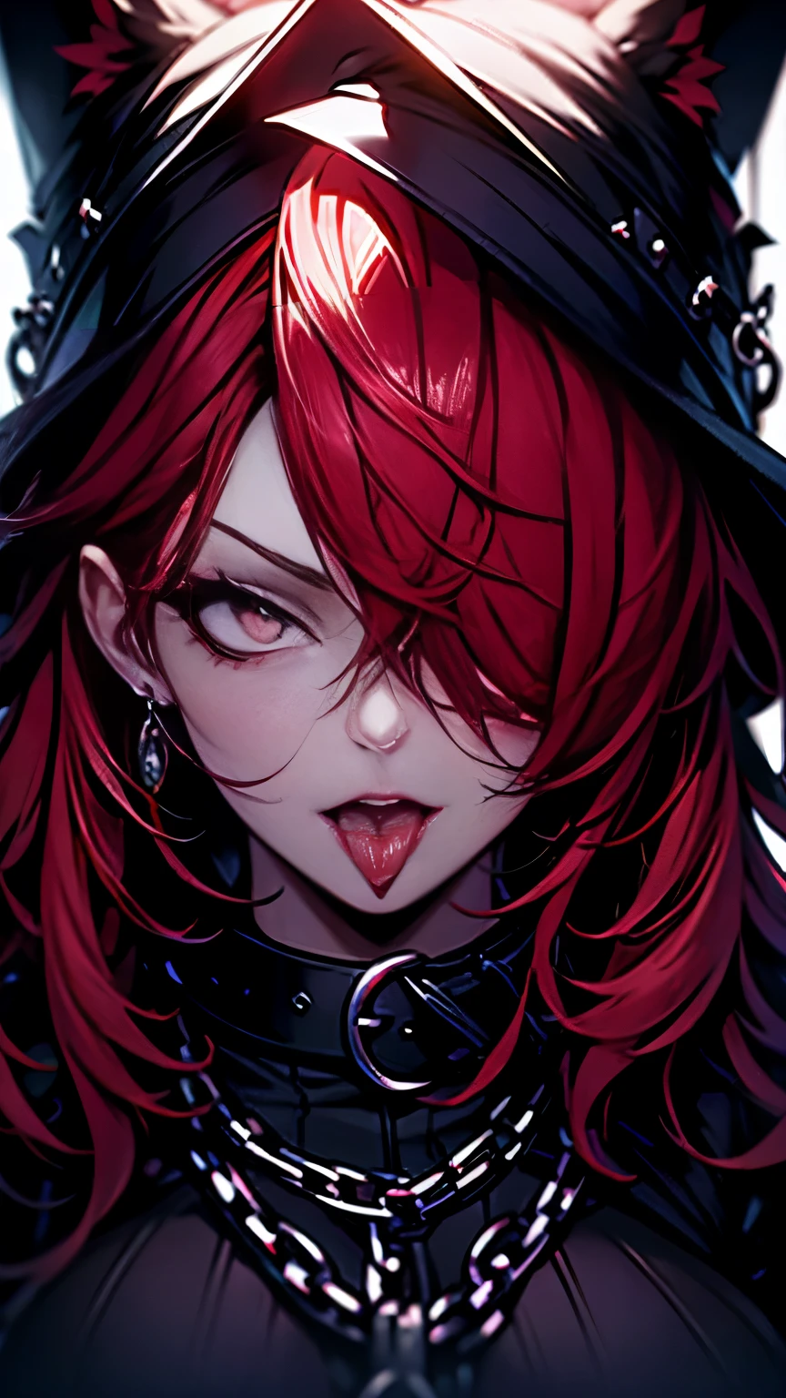 An elegant woman，Wearing a red veil covering her eyes, Finger on lips, Long red nails, Black background, Photo-realistic, high quality, Intricate details, painting, Dramatic Lighting, Soft colors, Mysterious atmosphere，Open your mouth，Stick out your tongue，Aheiyan，Huge Breasts，Collar with chain，Heavy collar，Heavy shackles，，Detailed eyes，Look up to the sky，Pale skin，