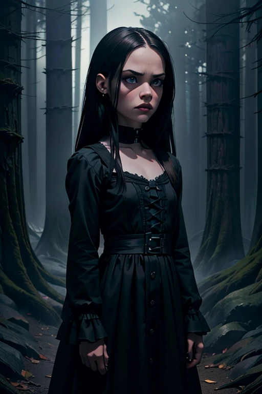 a serious indifferent looking Jenna Ortega as Wednesday Adams, dark gothic style, porcelain skin, long dark hair, piercing eyes, black dress, standing in a dark moody forest, cinematic lighting, dramatic shadows, muted color palette, (best quality,4k,8k,highres,masterpiece:1.2),ultra-detailed,(realistic,photorealistic,photo-realistic:1.37)