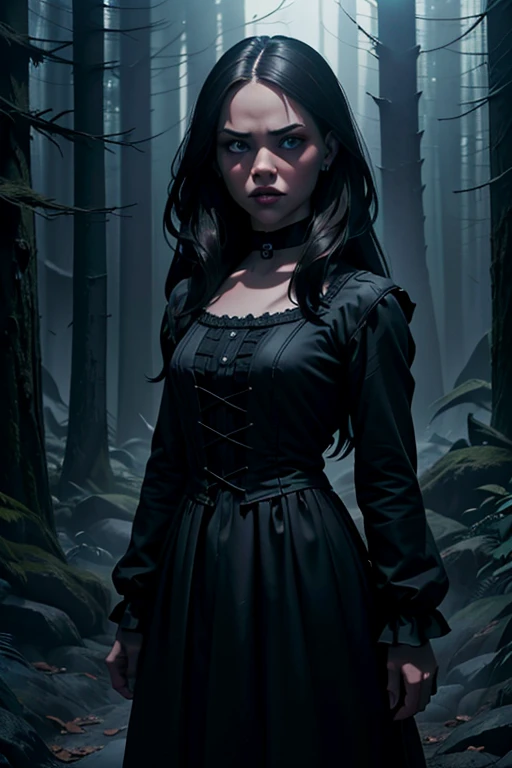 a serious indifferent looking Jenna Ortega as Wednesday Adams, dark gothic style, porcelain skin, long dark hair, piercing eyes, black dress, standing in a dark moody forest, cinematic lighting, dramatic shadows, muted color palette, (best quality,4k,8k,highres,masterpiece:1.2),ultra-detailed,(realistic,photorealistic,photo-realistic:1.37)