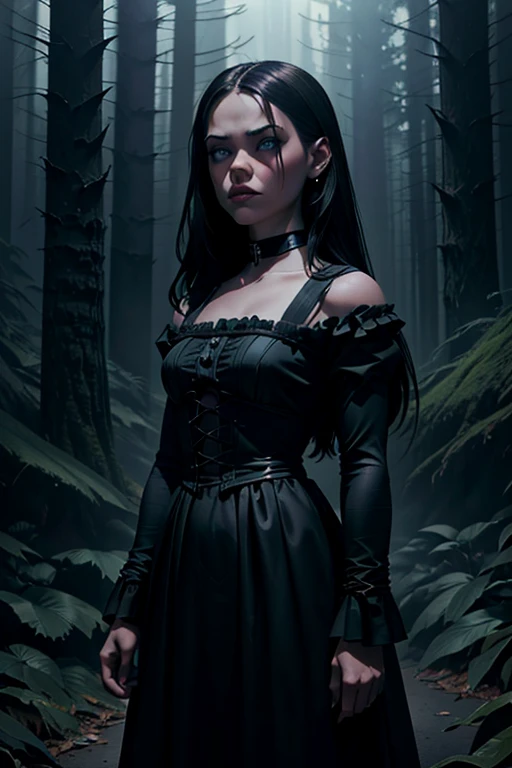 a serious indifferent looking Jenna Ortega as Wednesday Adams, dark gothic style, porcelain skin, long dark hair, piercing eyes, black dress, standing in a dark moody forest, cinematic lighting, dramatic shadows, muted color palette, (best quality,4k,8k,highres,masterpiece:1.2),ultra-detailed,(realistic,photorealistic,photo-realistic:1.37)