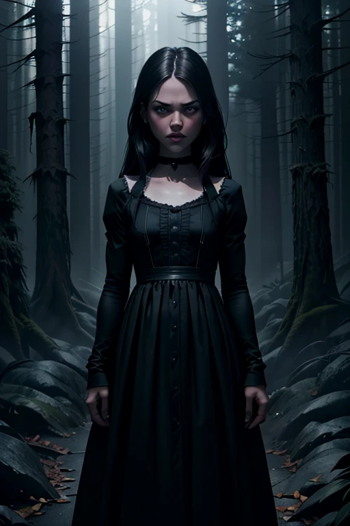 a serious indifferent looking Jenna Ortega as Wednesday Adams, dark gothic style, porcelain skin, long dark hair, piercing eyes, black dress, standing in a dark moody forest, cinematic lighting, dramatic shadows, muted color palette, (best quality,4k,8k,highres,masterpiece:1.2),ultra-detailed,(realistic,photorealistic,photo-realistic:1.37)