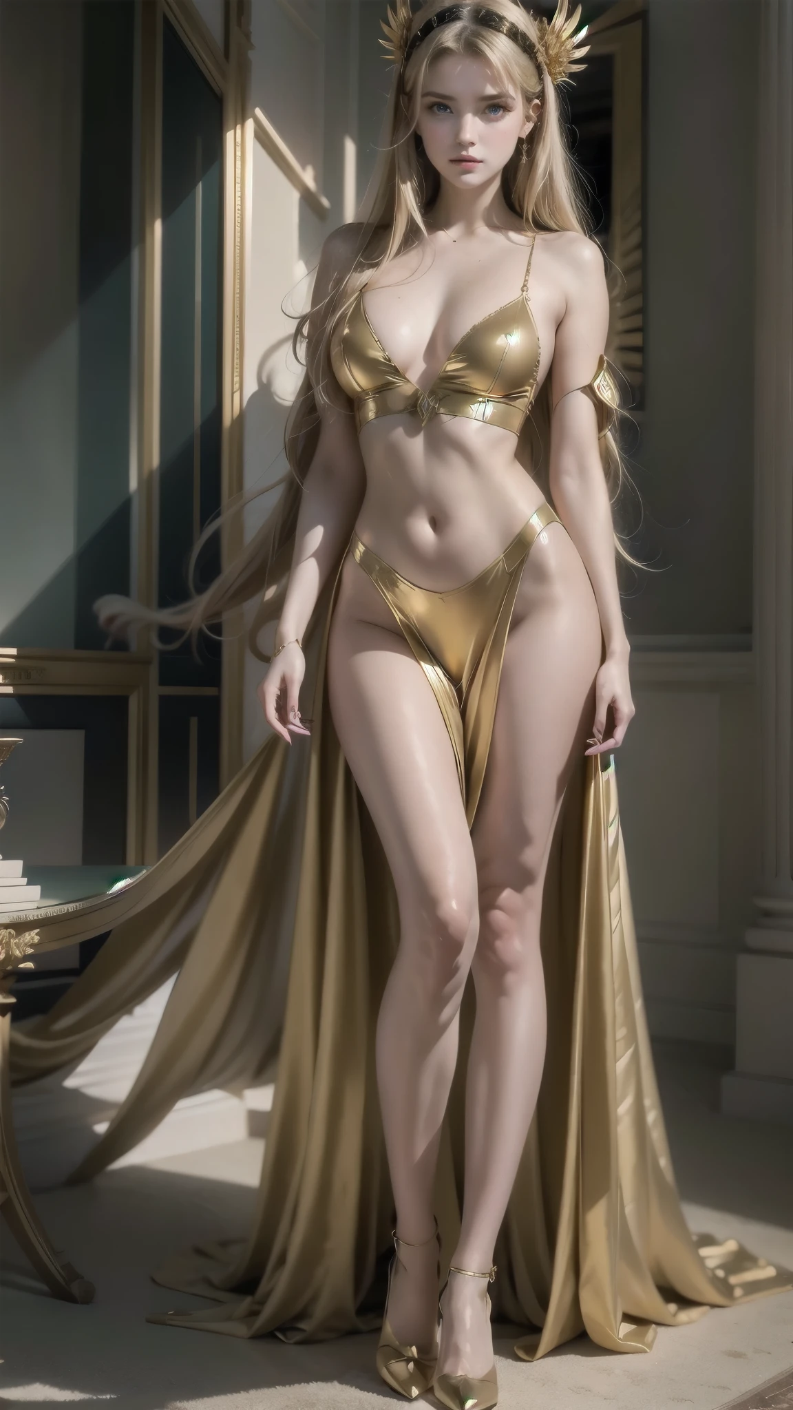 sultry woman in a golden dress standing in a dark room, art of wlop, cushart krenz arte chave feminino, goddess of light, gorgeous goddess of leo, [blonde goddess, arte wlop, anime goddess, fantasy woman, beautiful and elegant elf queen, photo of the body of the cinematic goddess, wlop rossdraws, beautiful goddess, PERSEPHONE